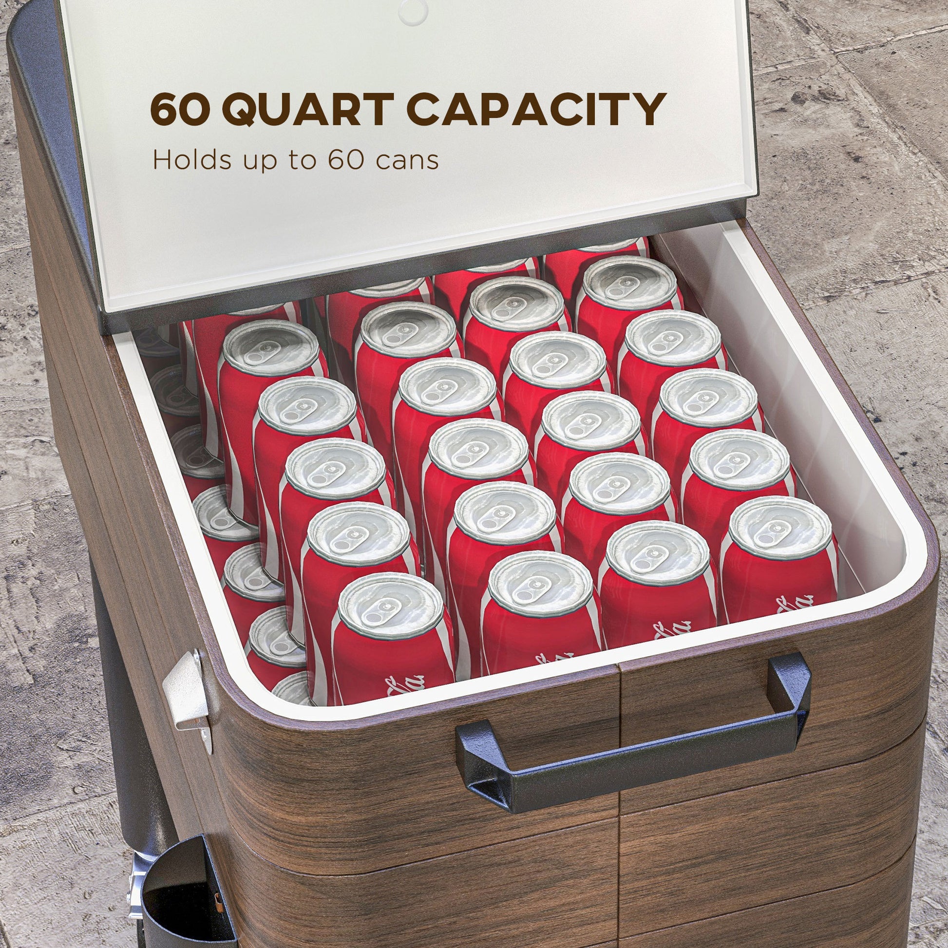 Outsunny Outdoor Cooler Cart, Rolling Beverage Ice Chest, Rugged Steel Patio Cooler With Locking Wheels, 60 Quart Capacity For Poolside Bbqs, Brown Brown Plastic