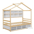 Twin House Bed With Roof Frame, Bedside Shelves, Under Bed Storage Unit,Natural Twin Natural American Design Pine