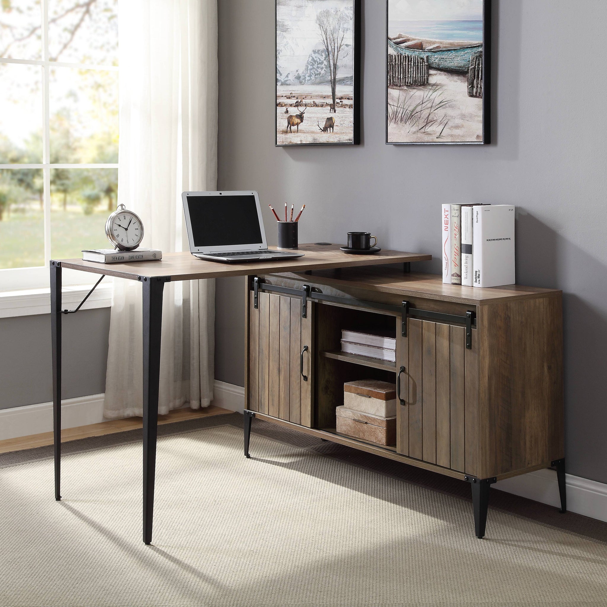 Zakwani 48" Gray Oak & Black Finish Writing Desk Oak Synthetic Wood