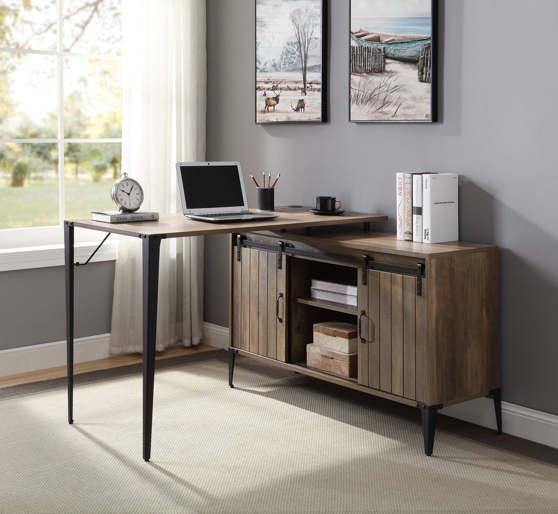 Zakwani 48" Gray Oak & Black Finish Writing Desk Oak Synthetic Wood