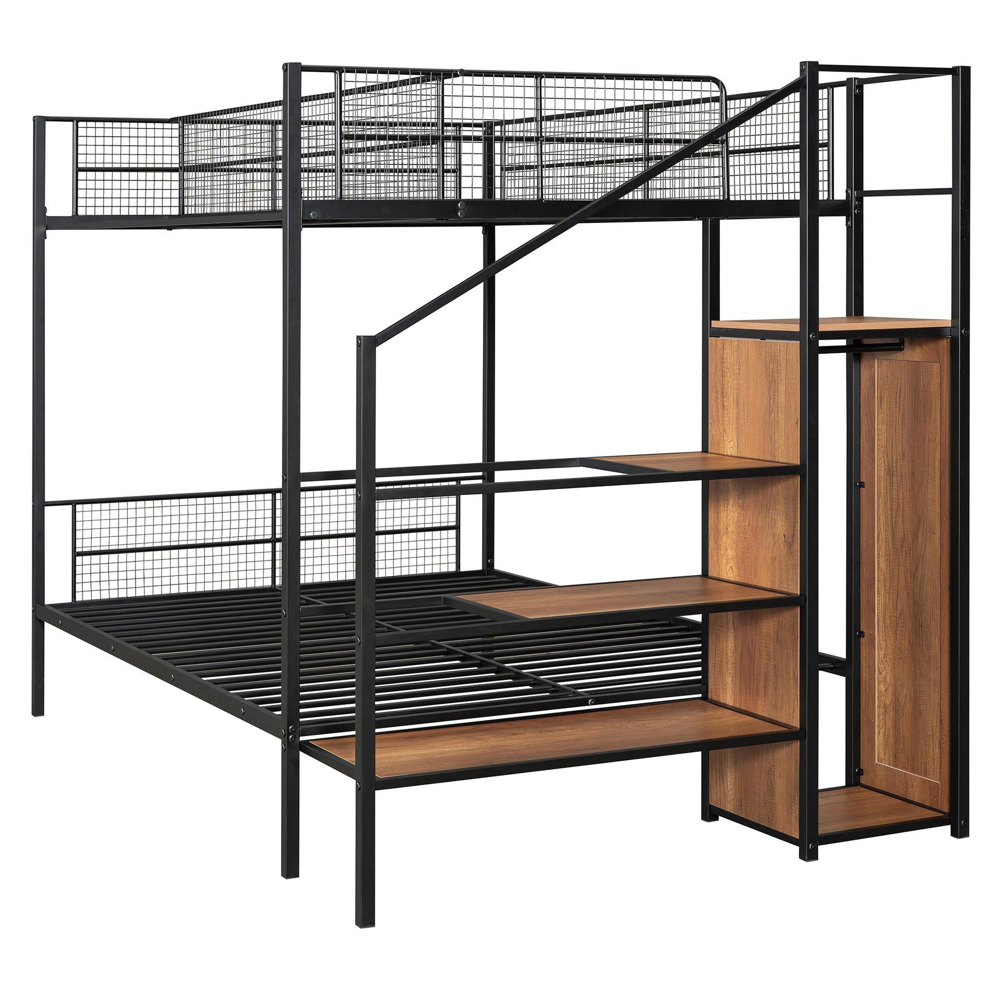 Twin Over Full Metal Bunk Bed With Wire Shelving And Lateral Storage Ladder And Wardrobe, Black Black Metal