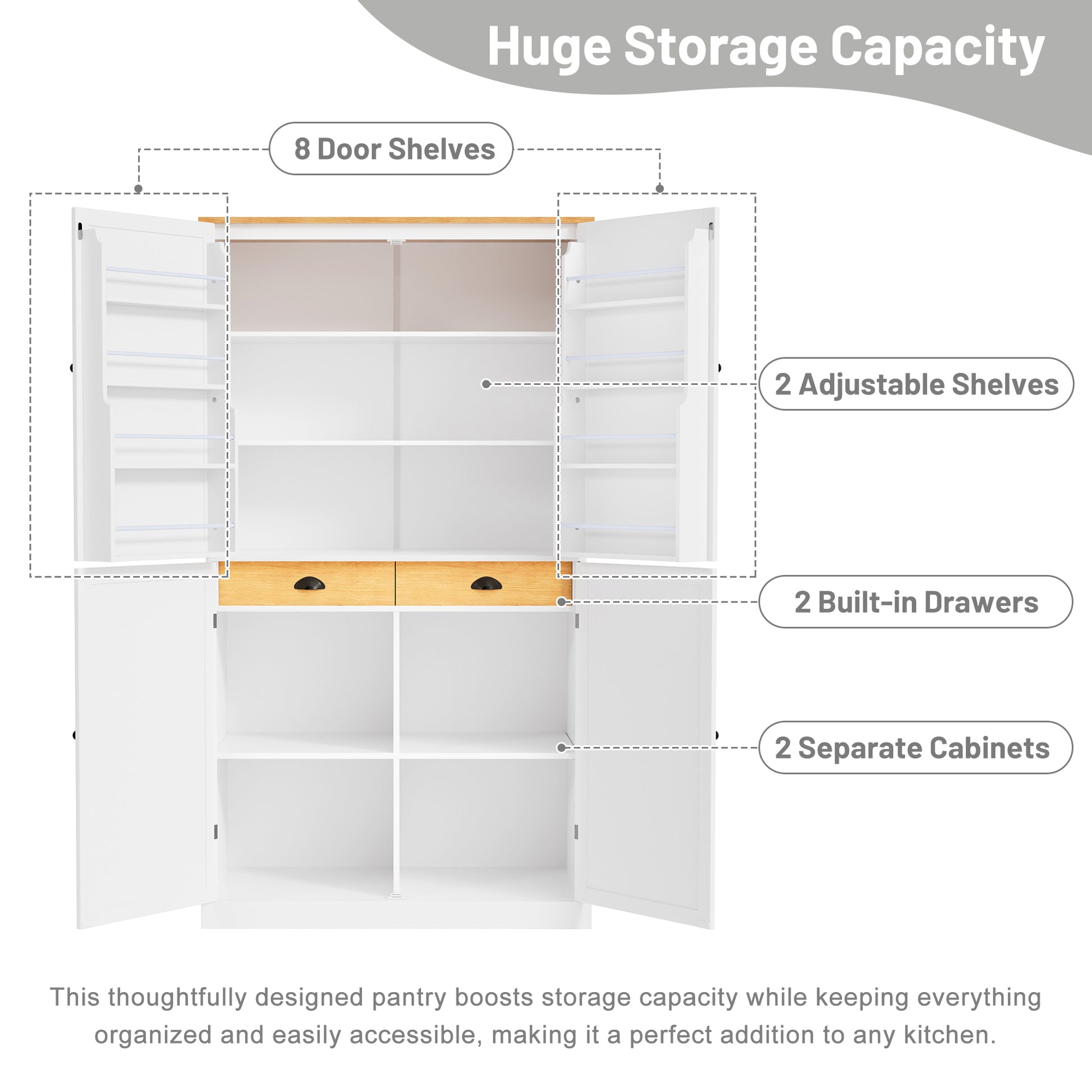 Assembly 40.2X20X71.3Inch High Freestanding Kitchen Pantry Large Cupboard Storage Cabinet With 2 Drawers, 2 Adjustable Shelves, 8 Door Shelves For Kitchen, Dining Room,White White Kitchen Farmhouse