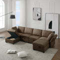 Adjustable Arms And Backs Modern U Shape Linen Couch Modular Sectional Sofa Couch With Storage Seat, Large Convertible Sofa With Reversible Chaise For Living Room Apartment Office, Brown Brown Polyester 4 Seat