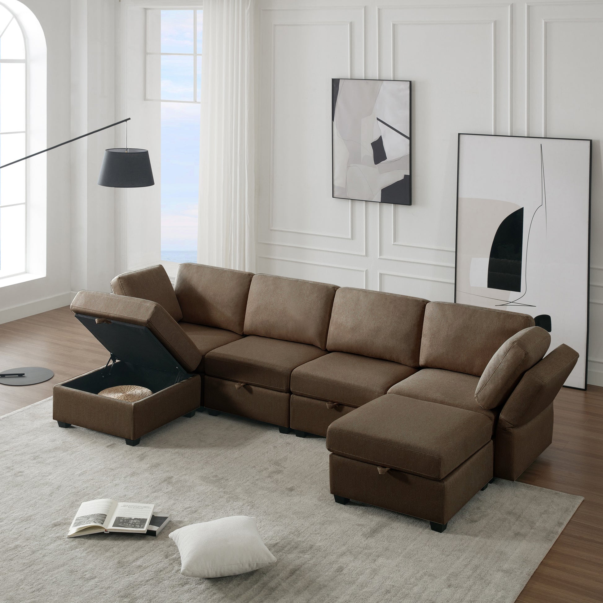 Adjustable Arms And Backs Modern U Shape Linen Couch Modular Sectional Sofa Couch With Storage Seat, Large Convertible Sofa With Reversible Chaise For Living Room Apartment Office, Brown Brown Polyester 4 Seat