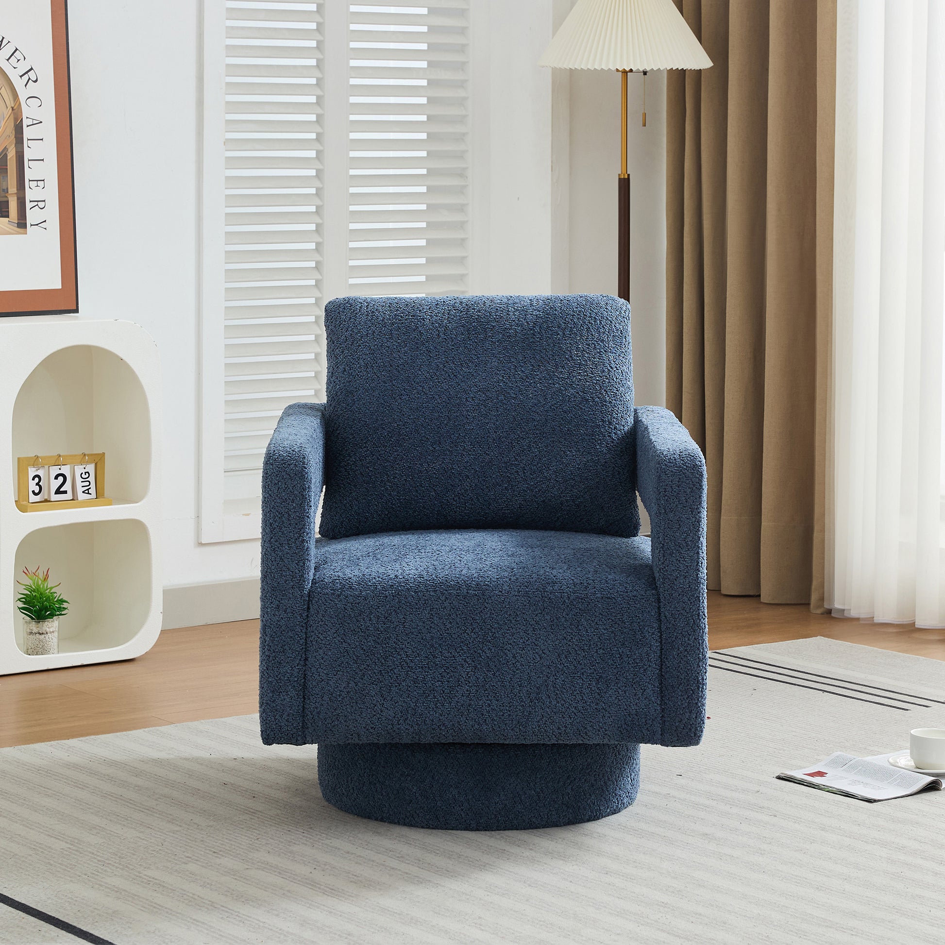 29.13" W Square Swivel Accent Chair, Modern Rotating Arm Chair With Open Back,360 Degree Rotation, Lounge Club Chair With Removable Back Cushion For Living Room, Hotel, Bed Room,Navy Navy Boucle