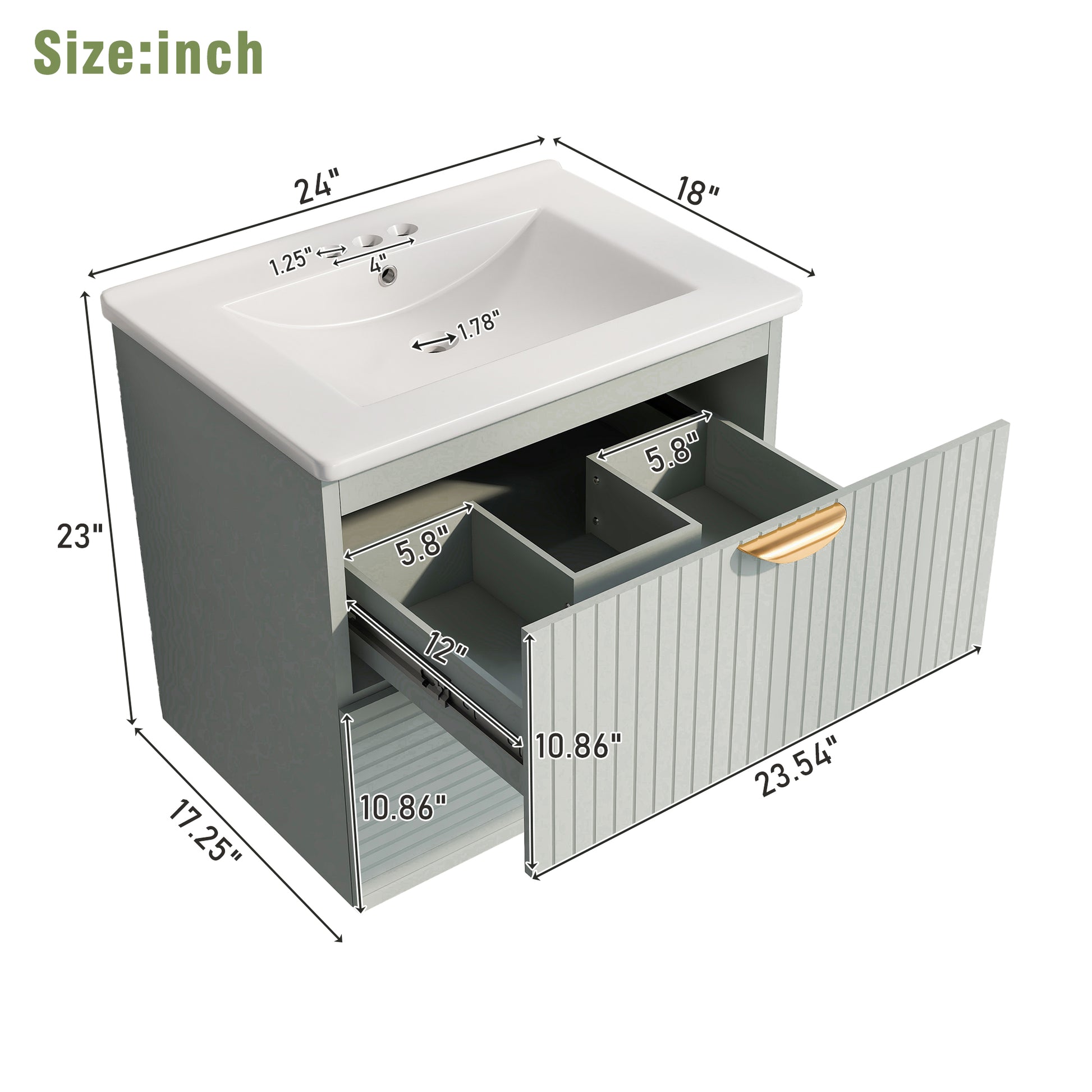 Modern 24 Inch Wall Mounted Bathroom Vanity With 2 Drawers, Green Ideal For Small Bathrooms Green Bathroom Mdf