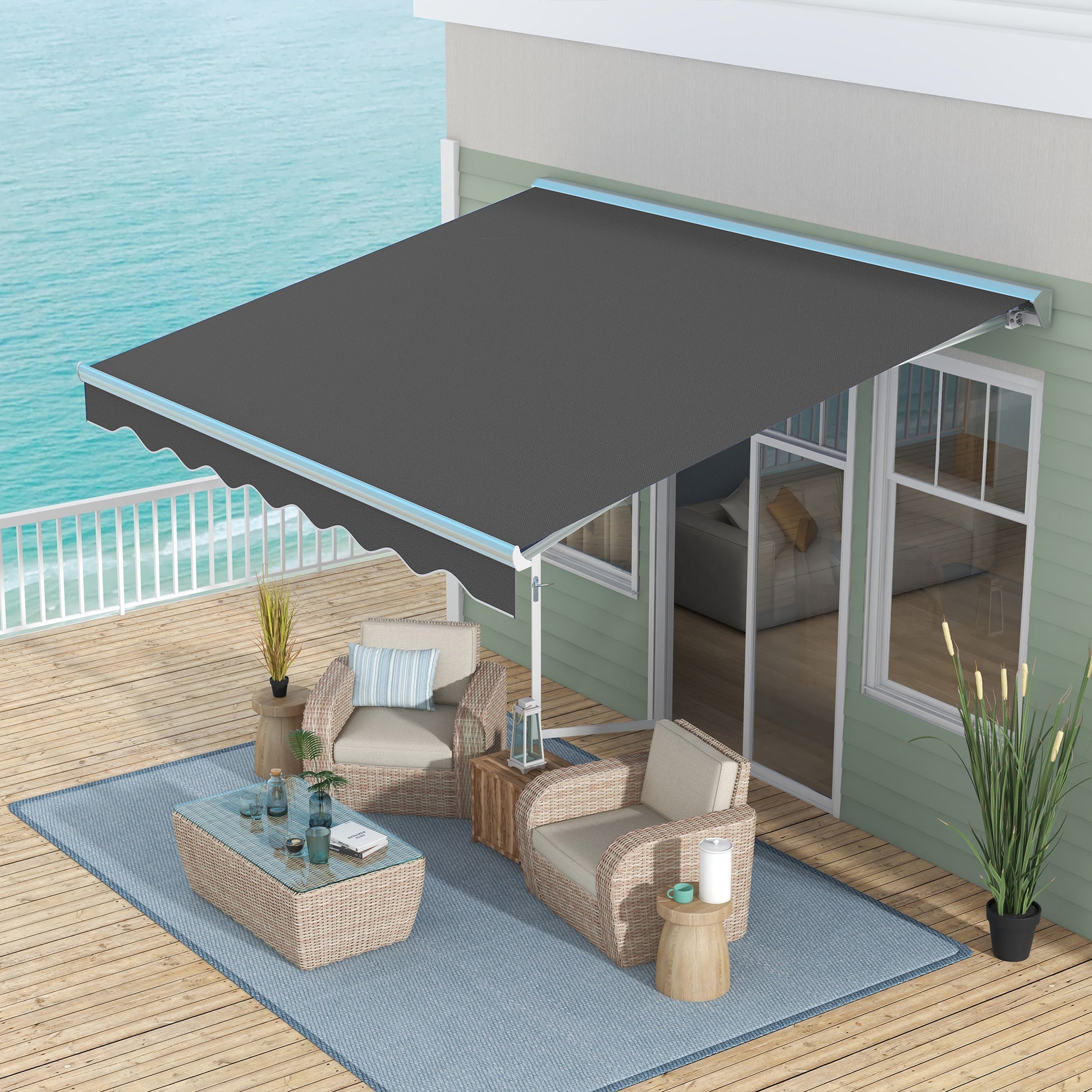 Outsunny 13' X 10' Electric Awning With Led Lights, Retractable Awning, Uv40 Sun Shade Shelter With Remote Controller And Crank Handle For Deck, Balcony, Yard, Dark Gray Dark Grey Aluminum