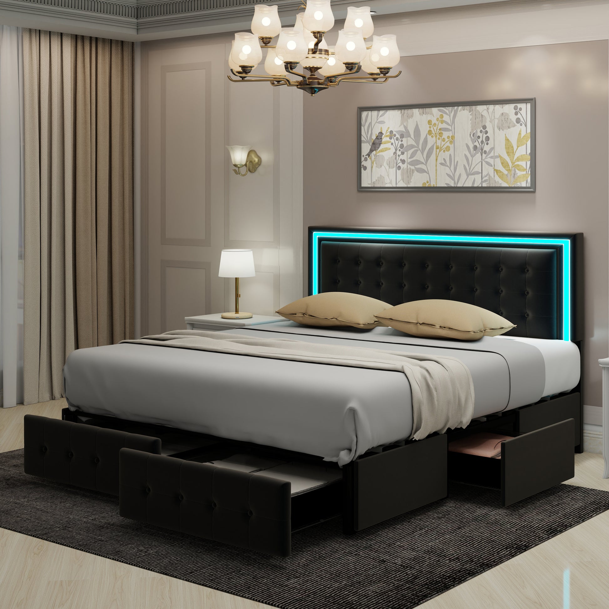 Full Size Led Bed Frame With 4 Storage Drawers, Smart Control Rgb Led Lights On Headboard, With Remote Control, Upholstered Adjustable Headbaord, Velvet Black Mdf Metal
