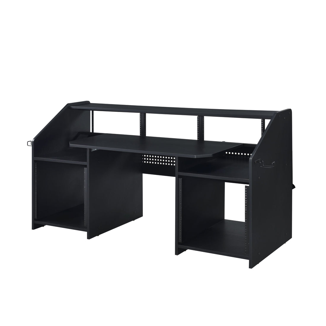 Black Music Desk With Earphone Rack Black Keyboard Tray Computer Desk Office Freestanding Rectangular Shelves Wood Metal Sled