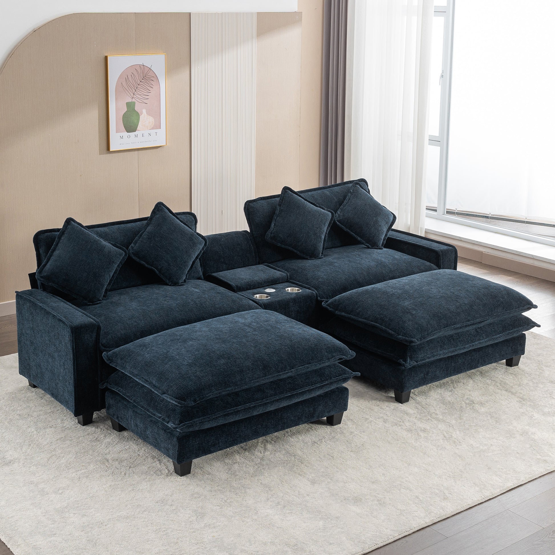 112.6" Sectional Sofa Chenille Upholstered Sofa With Two Removable Ottoman, Two Usb Ports, Two Cup Holders And Large Storage Box For Living Room, Blue Blue Foam Chenille 2 Seat