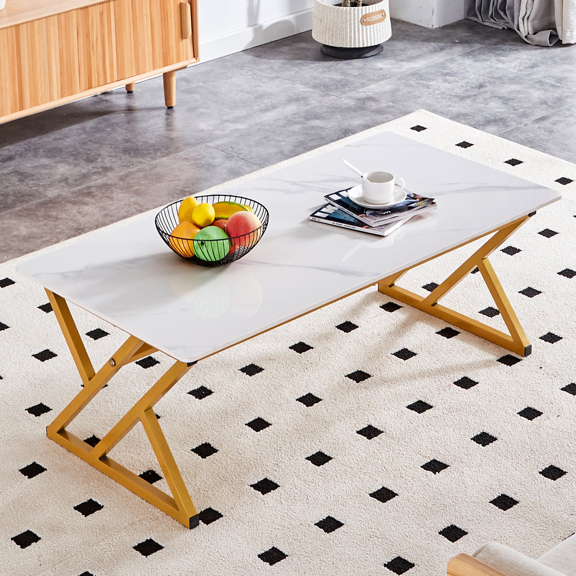 0.4Inch Thick White Marble Patterned Rock Table, Easy To Clean, Paired With Golden Metal Legs, Sturdy And Durable. Large Size Can Meet Various Needs.Can Be Used As A Dining Table, Coffee Table.47*23.6 White Sintered Stone