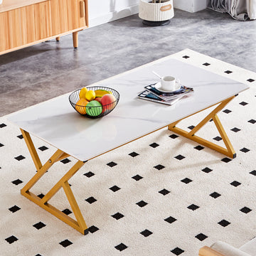 0.4Inch Thick White Marble Patterned Rock Table, Easy To Clean, Paired With Golden Metal Legs, Sturdy And Durable. Large Size Can Meet Various Needs.Can Be Used As A Dining Table, Coffee Table.47*23.6 White Sintered Stone