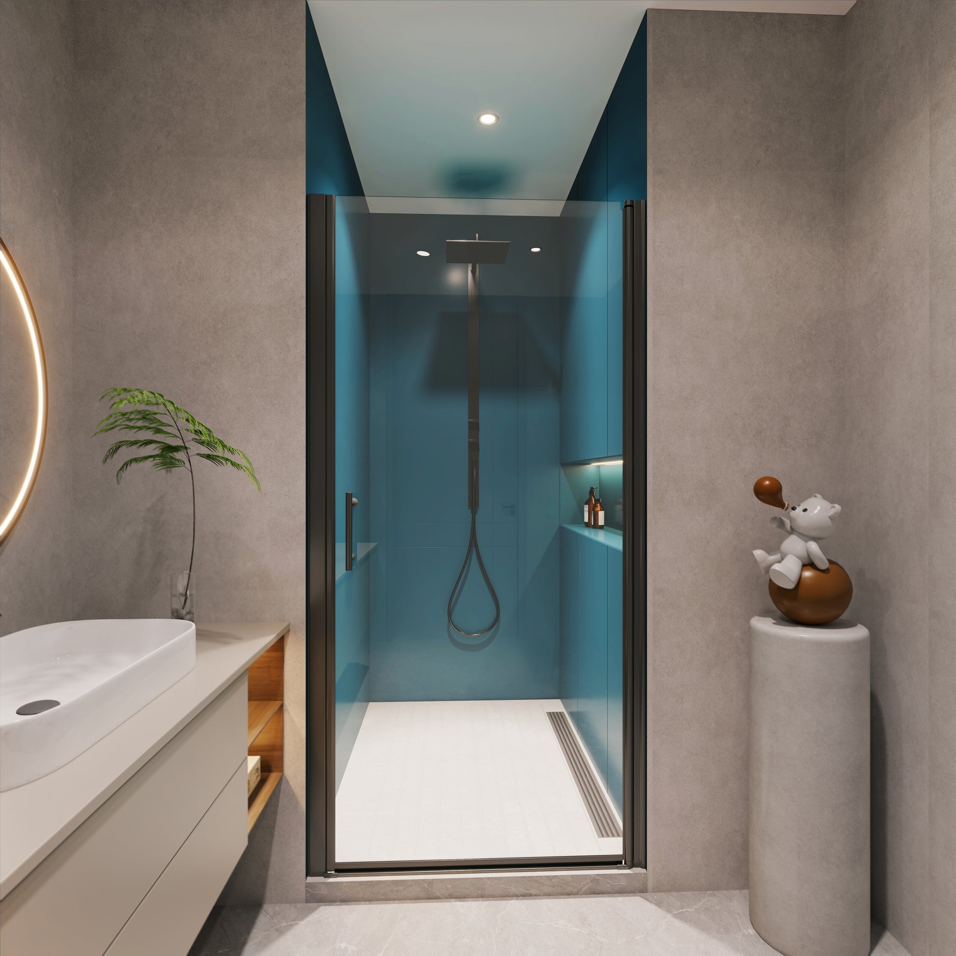 1 3 8" Adjustment,Universal Pivot Shower Door, Open Outside, With 1 4" Tempered Glass Matte Black Bathroom Aluminium Alloy