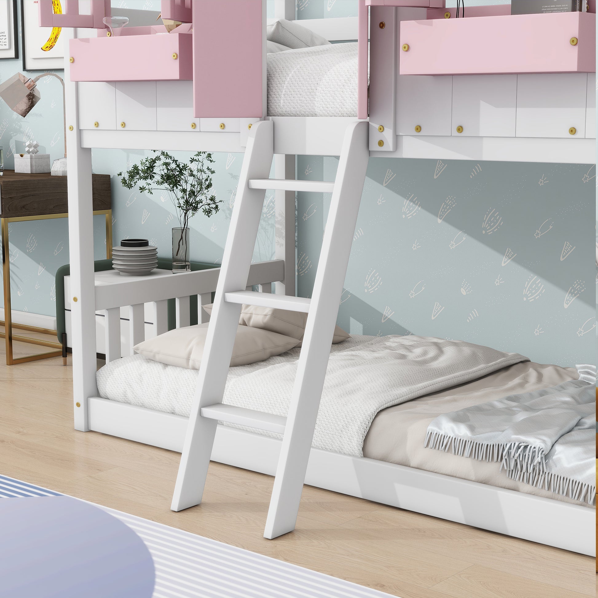 Twin Over Twin House Bunk Bed With Roofwindow, Window Box, Doorwith Safety Guardrails And Ladder, Pink White Twin Pink White Pine