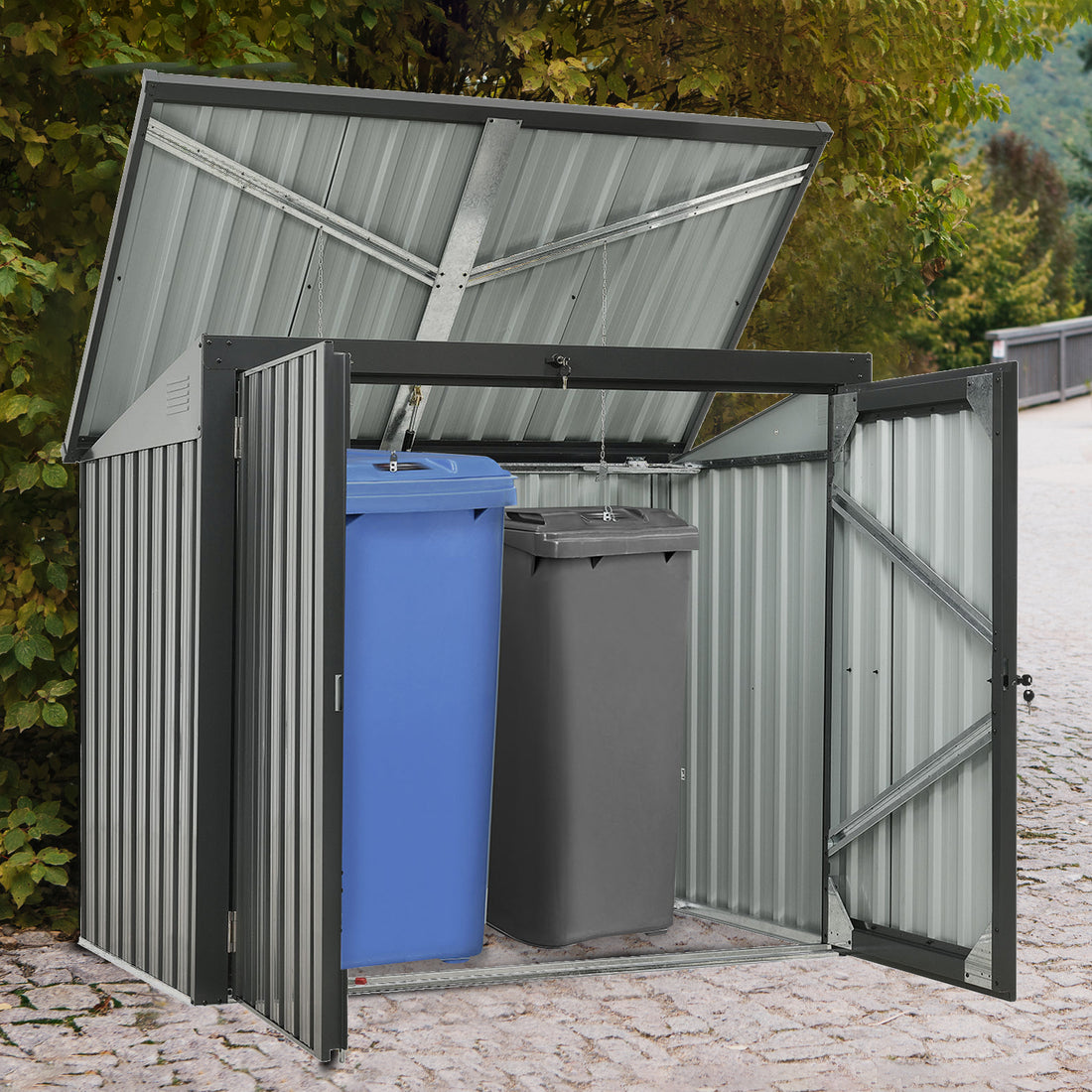 Garbage Bin Shed Stores 2 Trash Cans Metal Outdoor Bin Shed For Garbage Storage,Stainless Galvanized Steel, Bin Shed For Garden Yard Lawn, Black Black Metal