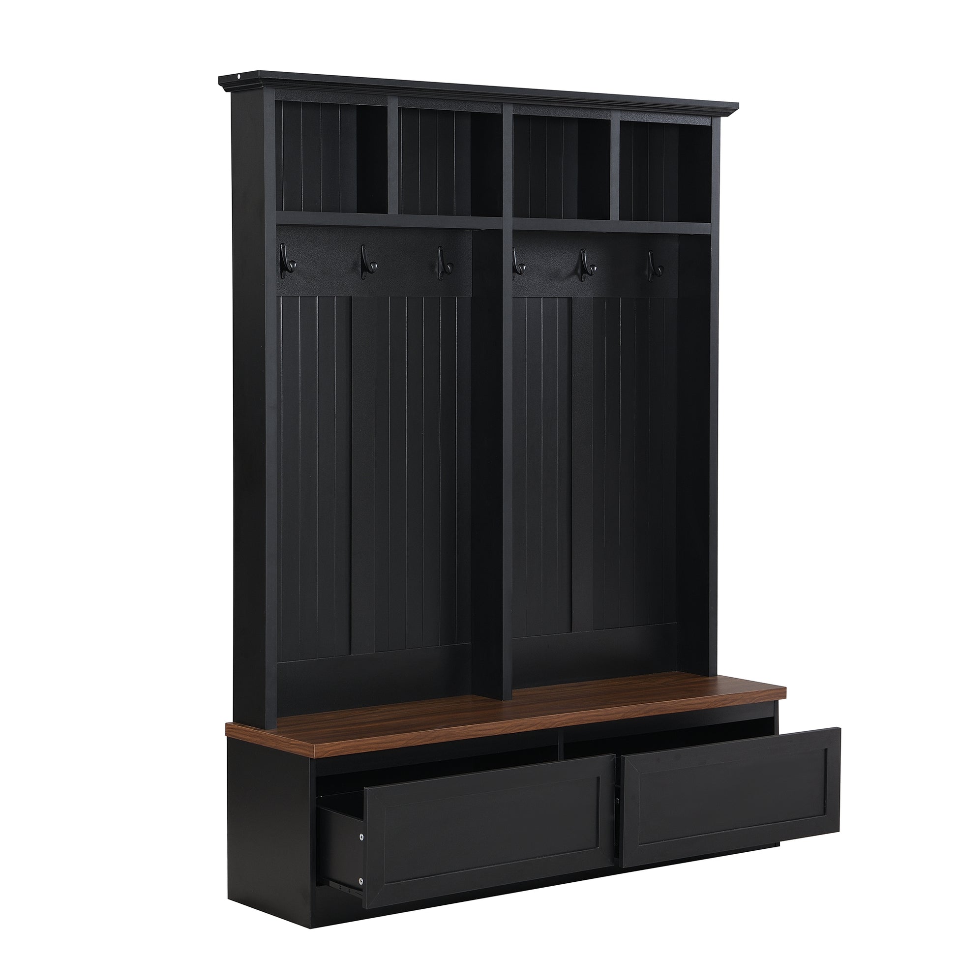 Farmhouse 4 In 1 Hall Tree With Wood Grain Bench, Mudroom Versatile Coat Rack With 2 Large Drawers, Large Entrance Organizer With 6 Black Hooks For Hallway, Living Room, Black, 55.9"Wx75.6"H Black