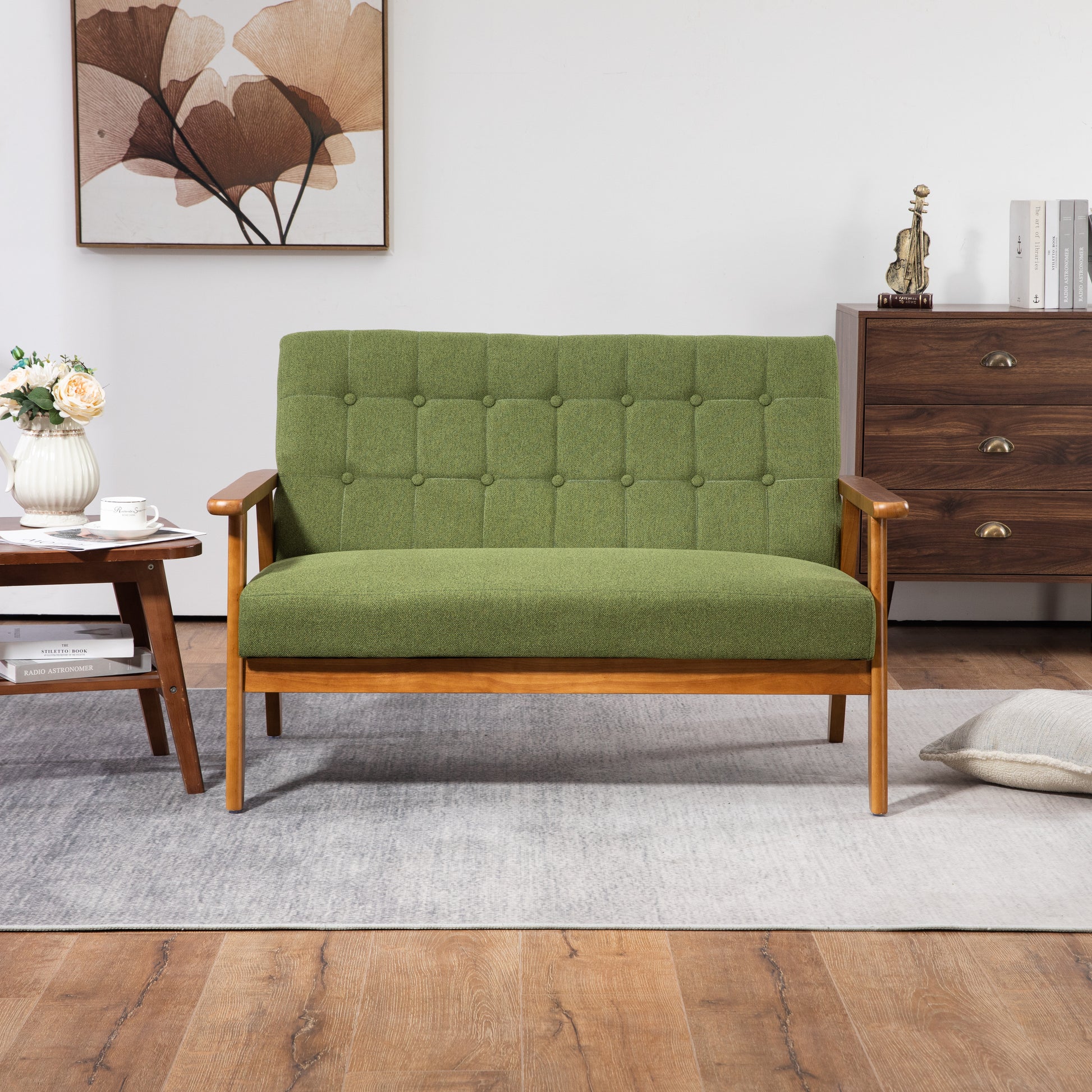 Coolmore Mid Century Modern Solid Loveseat Sofa Upholstered Linen Loveseat, 2 Seat Upholstered Loveseat Sofa Modern Couch Green Linen 2 Seat