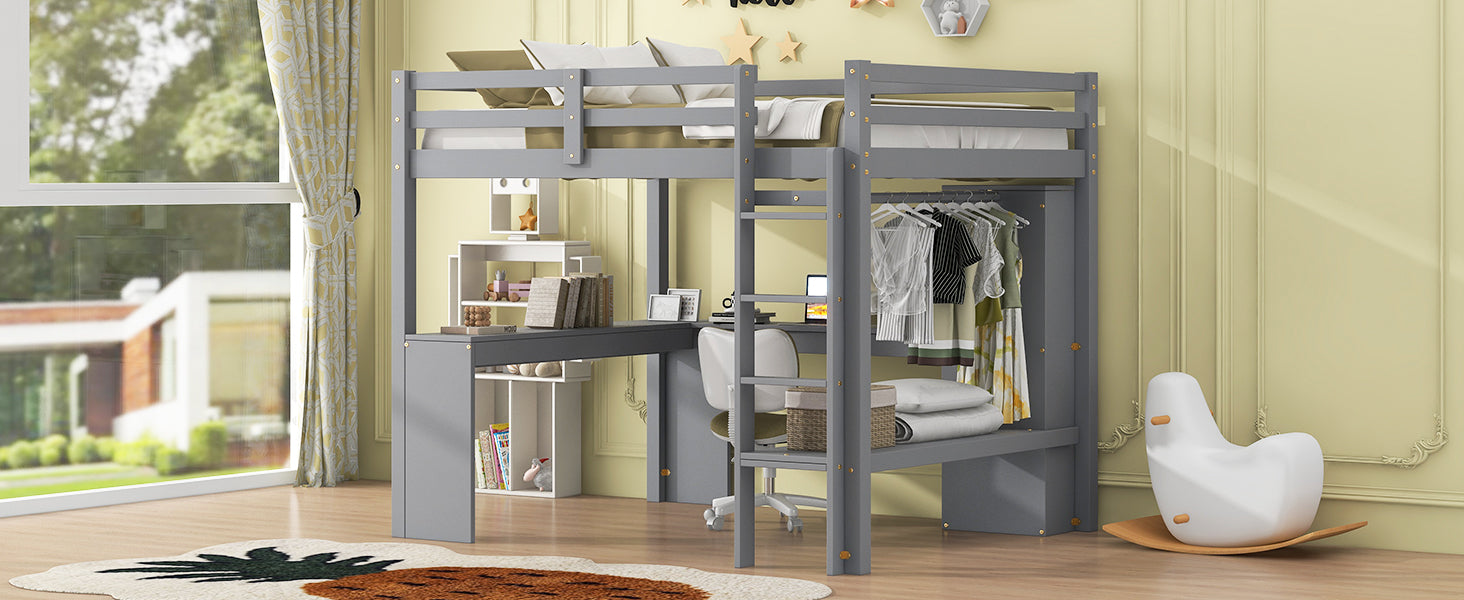 Full Size Loft Bed With L Shaped Desk, Wardrobe And Storage Shelves, Grey Box Spring Not Required Full Grey Wood Bedroom Solid Wood Mdf