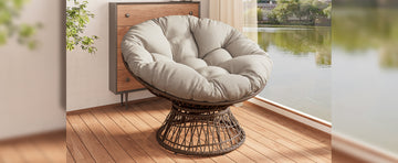 41.5" Ergonomic Wicker Chair With Cloud Thick Density Fabric Cushion,3 Proof Cover,High Capacity Iron Frame,Fluid 360 Degree Swivel For Reading,Living Room, Bedroom,Lounge,Brown Base,2 Colors
