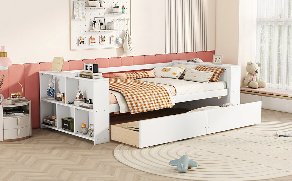 Twin Size Daybed With Shelves And Drawers, White Twin White Pine