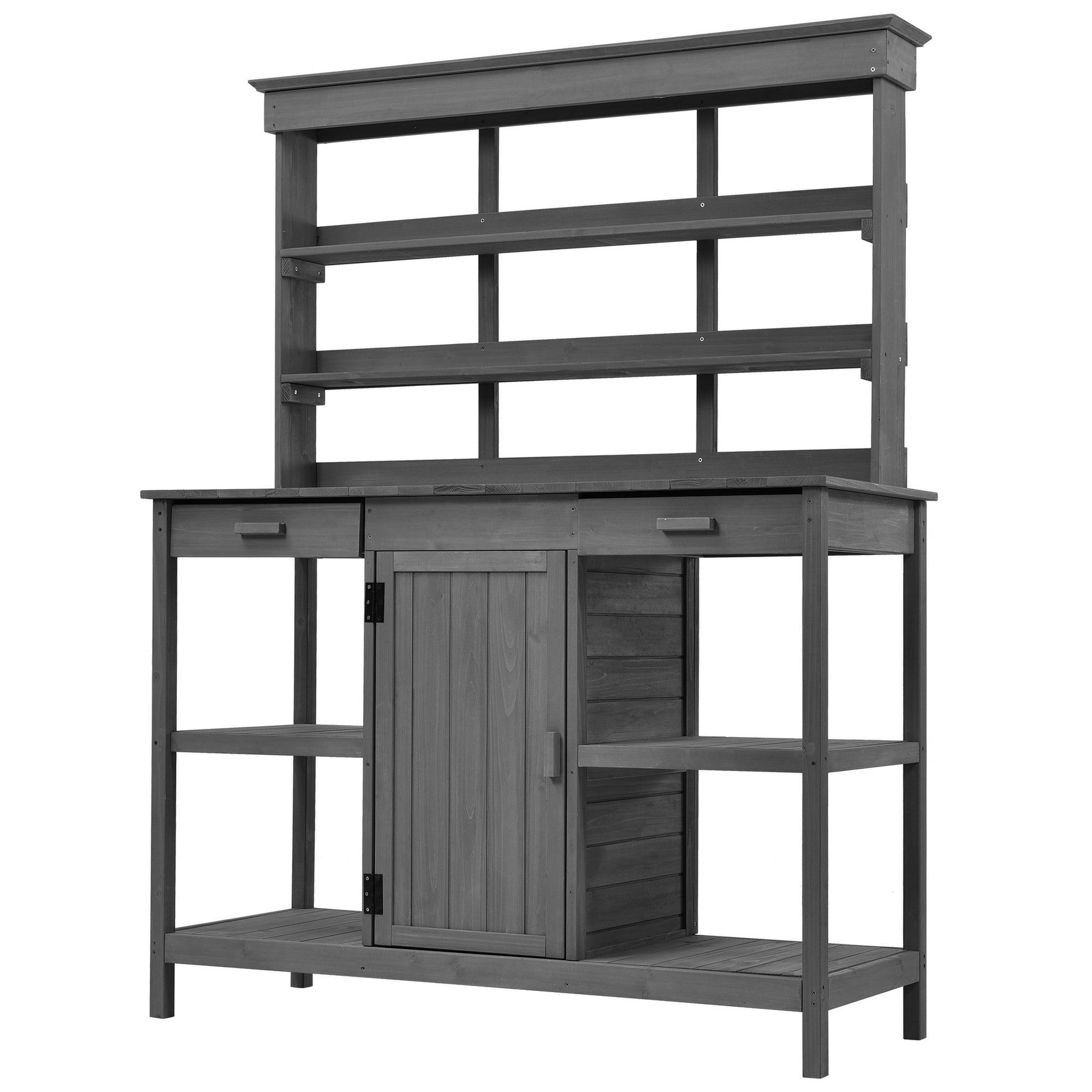 66'' Large Outdoor Farmhouse Wooden Potting Bench Table, Garden Workstation With 2 Drawers,Cabinet And Open Shelves For Backyard, Mudroom, Gray Gray Garden & Outdoor Casual Wood Solid Wood