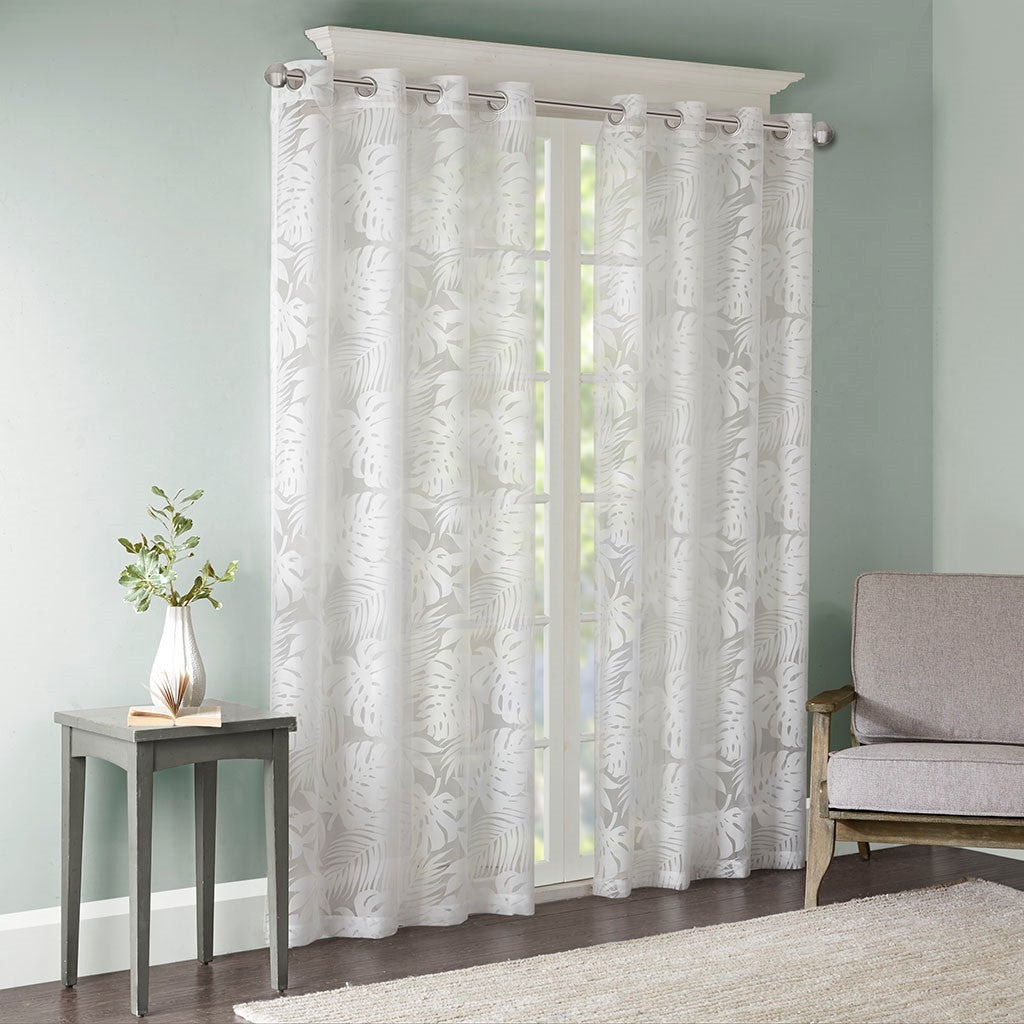 Palm Leaf Burnout Window Sheer Silver White Polyester