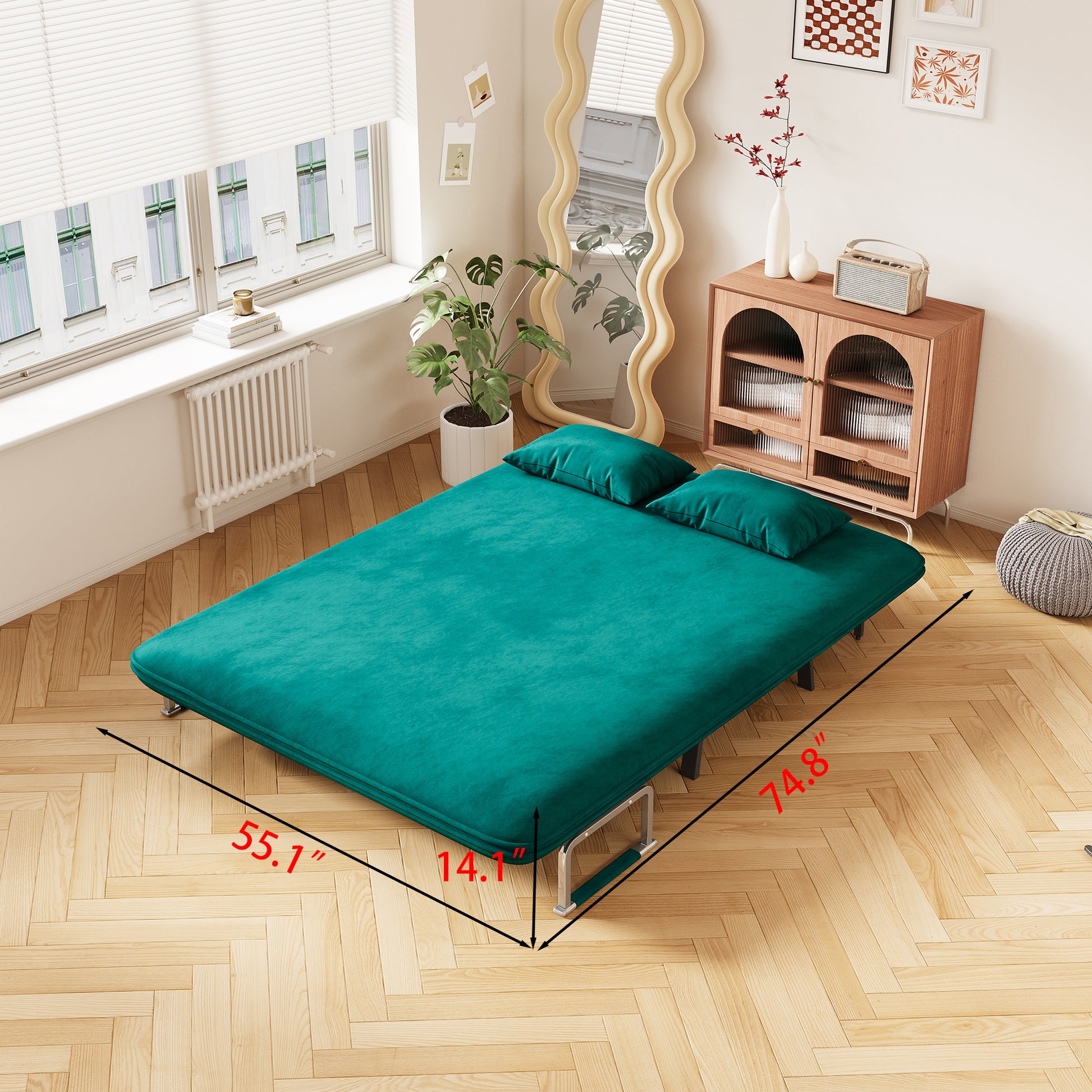 Velvet Antique Green 55 Convertible Chair Bed, Tri Fold Sofa Bed With Adjustable Backrest & Pillow, Leisure Chaise Lounge Couch With Sturdy Steel Frame For Home & Office, Comfortable Sleeper Chair Antique Green Velvet Metal Primary Living Space Medium