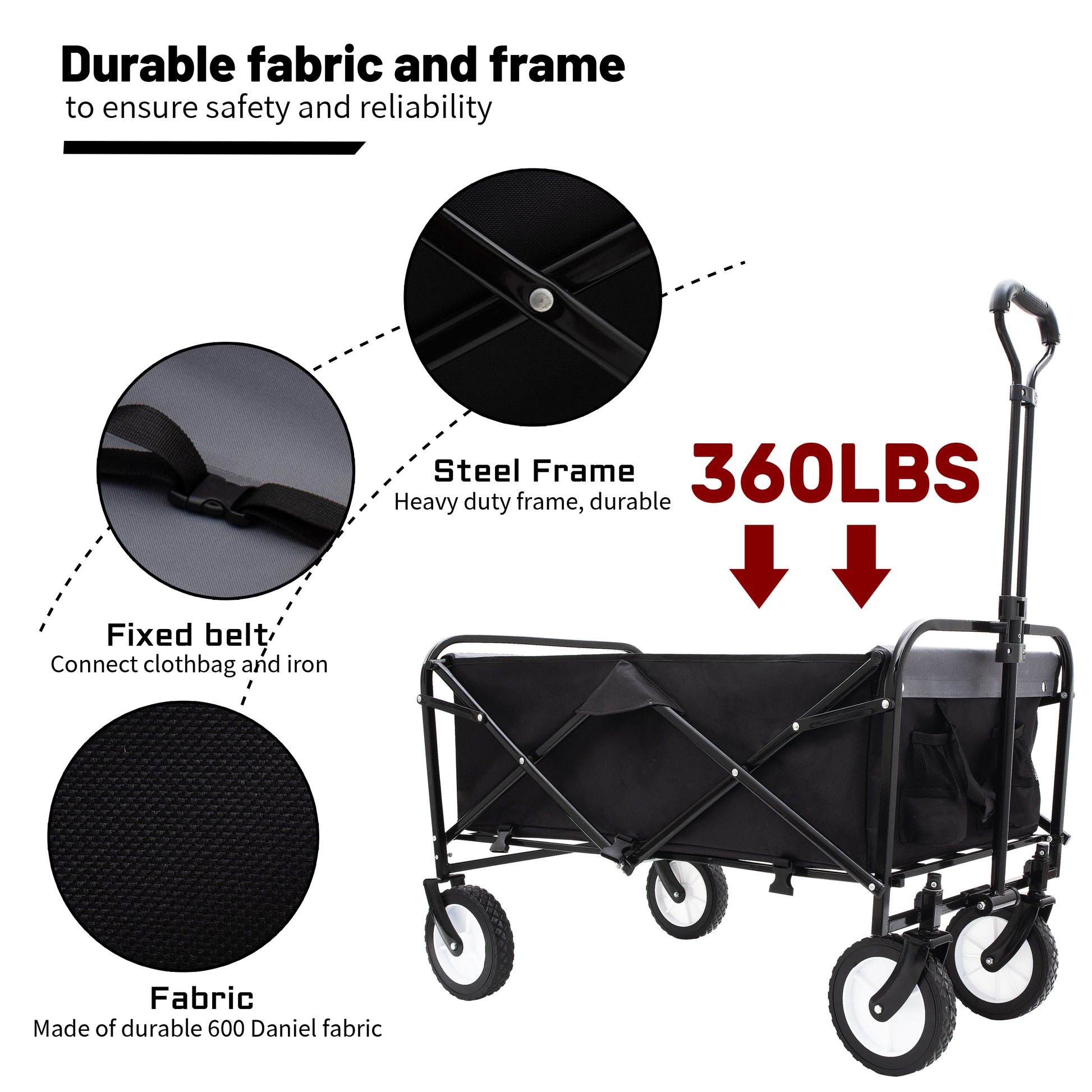 Collapsible Foldable Wagon Cart With Strapping System Beach Wagon Utility Cart Utility Wagon Grocery Cart For For Camping Shopping Sports Gardeing Fishing Supports 360Lbs All Terrain Wheels Black
