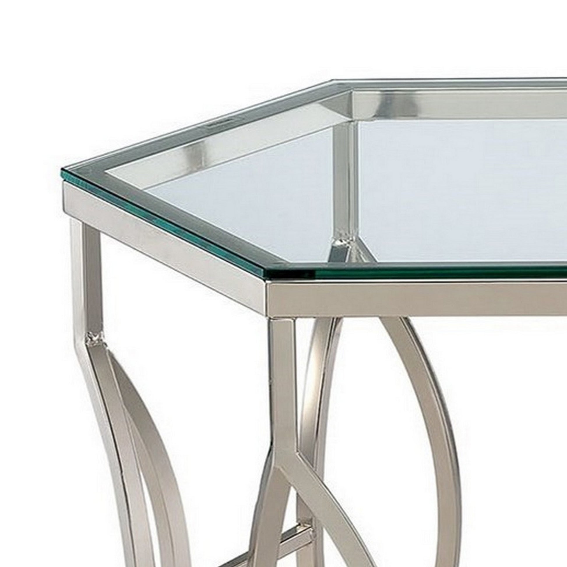 Slade 26 Inch Side End Table, Hexagonal Glass Top, Geometric Base, Chrome Chrome Glass Metal