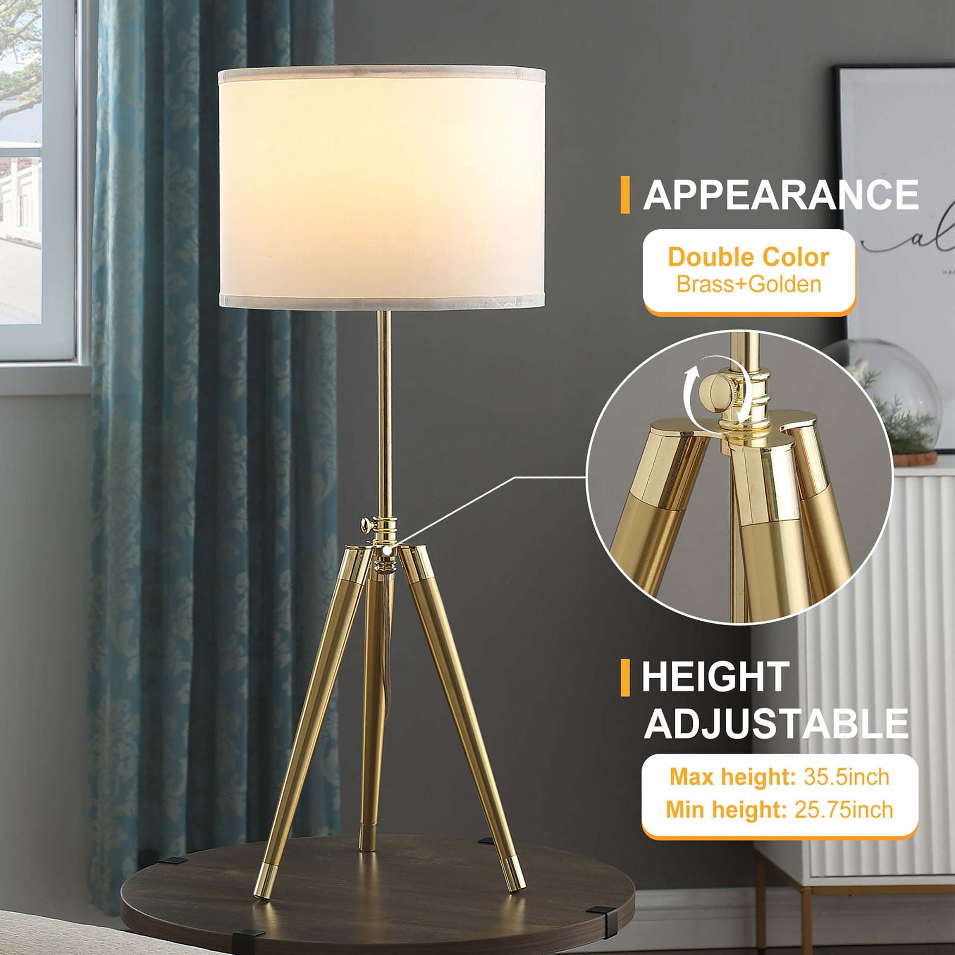 35.5" 25.75"H Adjustable Hieght Brass Shiny Gold Modern Tripod Table Lamp For Living Room, Nightstand Bedside Table Lamp For Bedroom, Led Lamp Gold White Fabric Metal