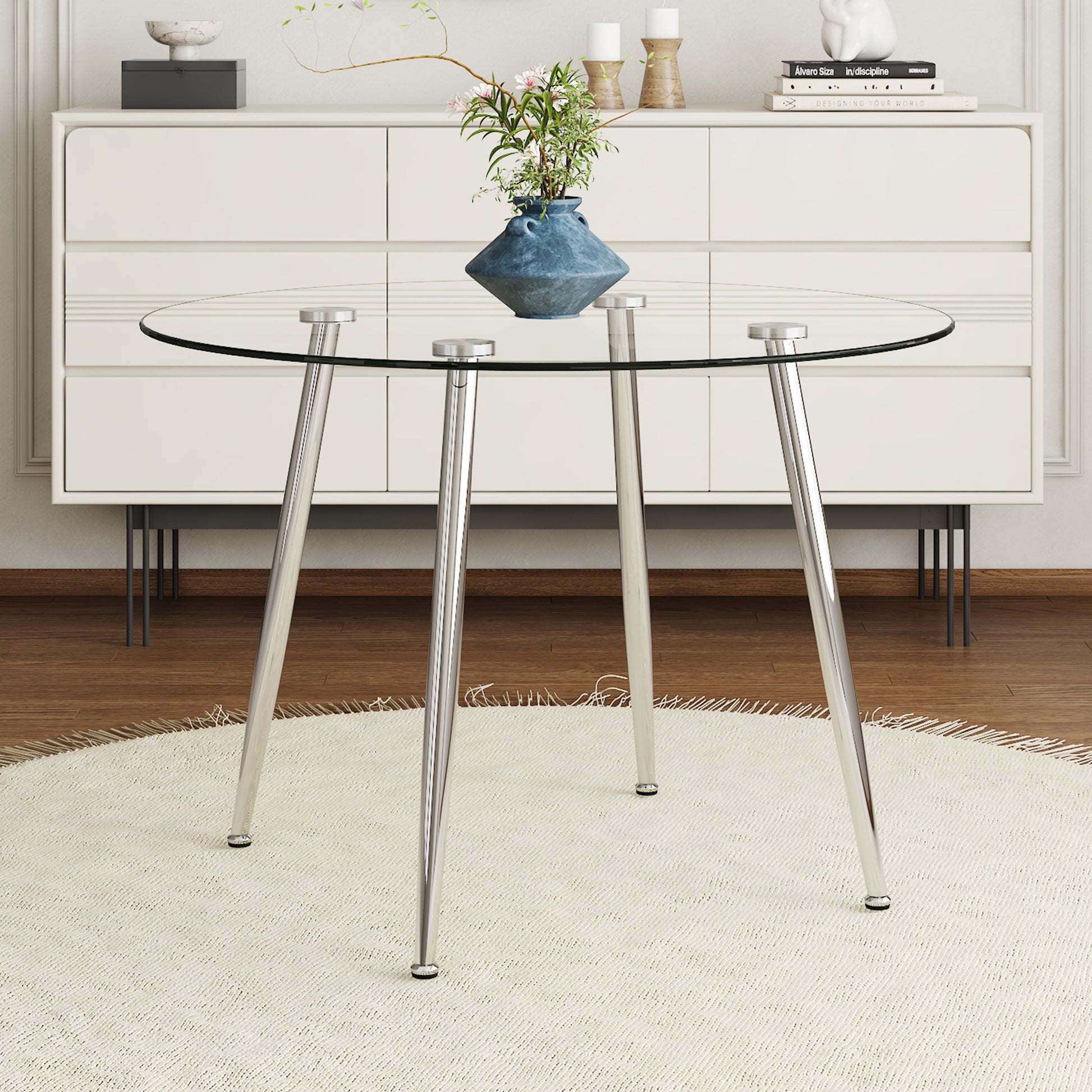 Round Dining Table With Glass Top, Silver Metal Legs, Exquisite Life, Starting From The Details, The Silver Legs Show An Extraordinary Texture, Which Is The Finishing Touch To Your Home Transparent Glass Metal