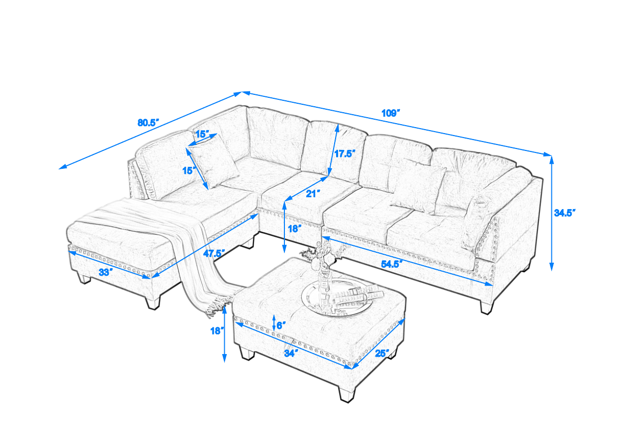 Sectional 3 Seaters Sofa With Reversible Chaisestorage Ottoman, Inlaid With Copper Nail ,Two Small Pillows,Grey Grey Polyester 3 Seat