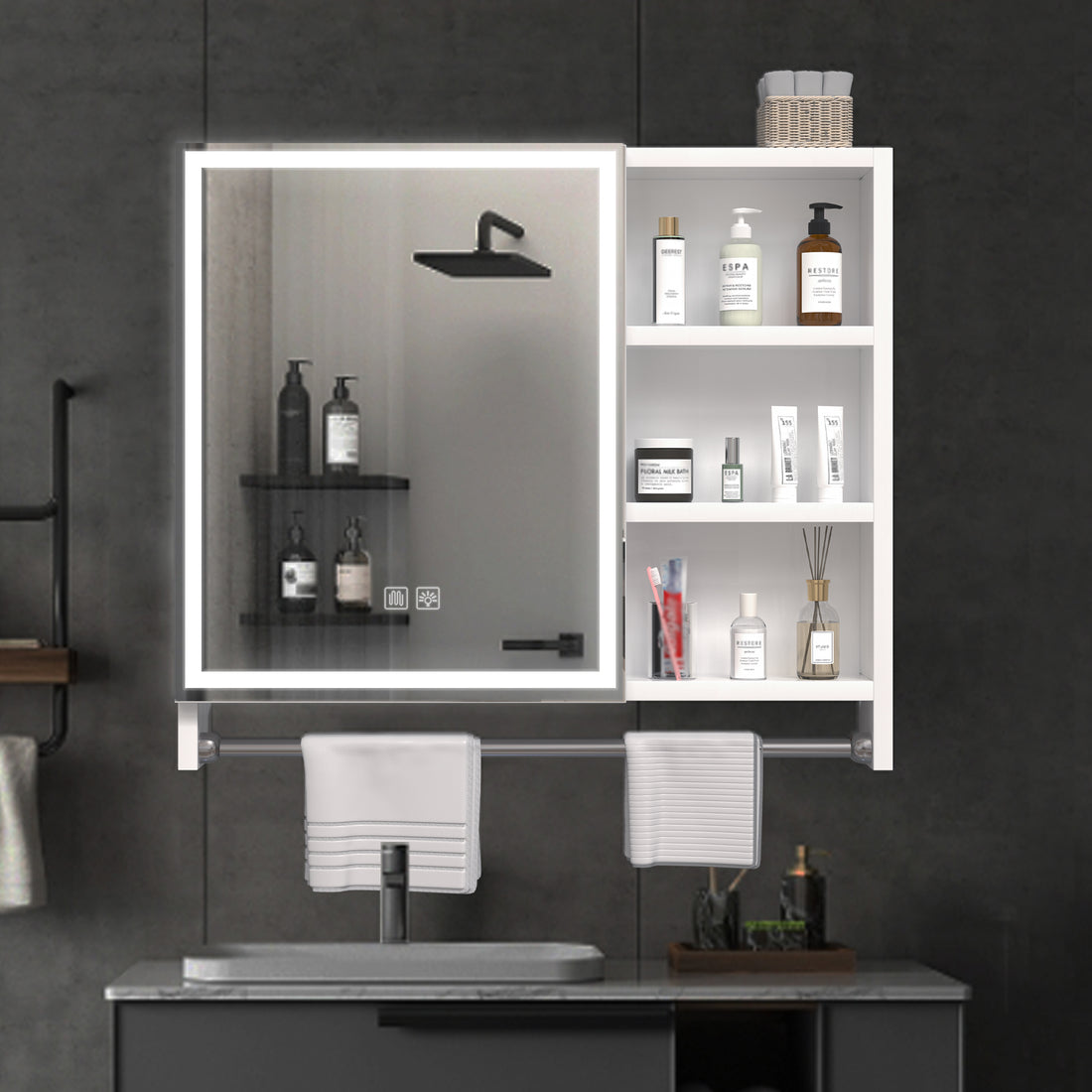 Modern 32X28Inches Bathroom Cabinets, Medicine Cabinets With Mirrors And Led Lights, Bathroom Lockers With Multilevel Storage Compartments And Towel Rails White 24 To 35 In 24 To 31 In 5 10 Inches Aluminium,Glass