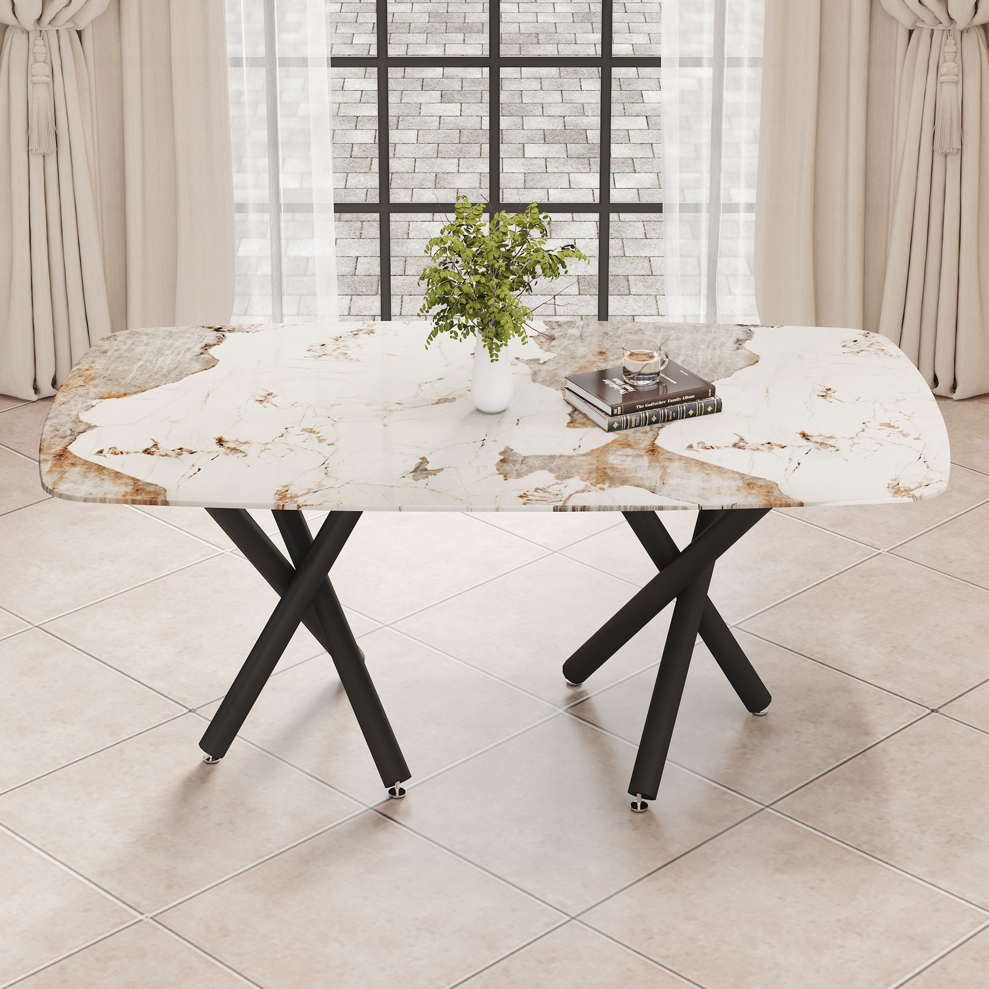 A Modern Minimalist Rectangular Dining Table With A 0.39 Inch Imitation Marble Tabletop And Black Metal Legs, Used In The Kitchen, Dining Room, Living Room, Conference Room, And Banquet Hall, F 1538 Black Glass