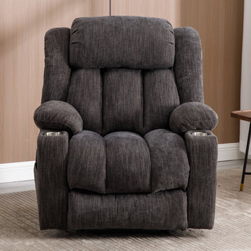 Up To 350 Lbs Chenille Power Lift Recliner Chair, Heavy Duty Motion Mechanism With 8 Point Vibration Massage And Lumbar Heating, Usb And Type C Ports, Stainless Steel Cup Holders, Grey White Metal Primary Living Space Heavy Duty Pine Grey Chenille Power