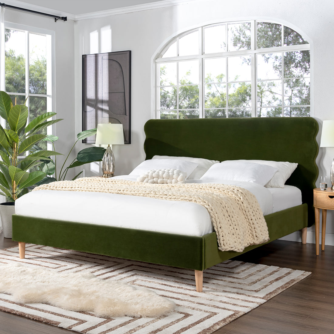 Stockholm Modern Wavy Headboard Platform Bed, King, Olive Green Performance Velvet Box Spring Not Required King Olive Green Wood Foam Velvet Velvet