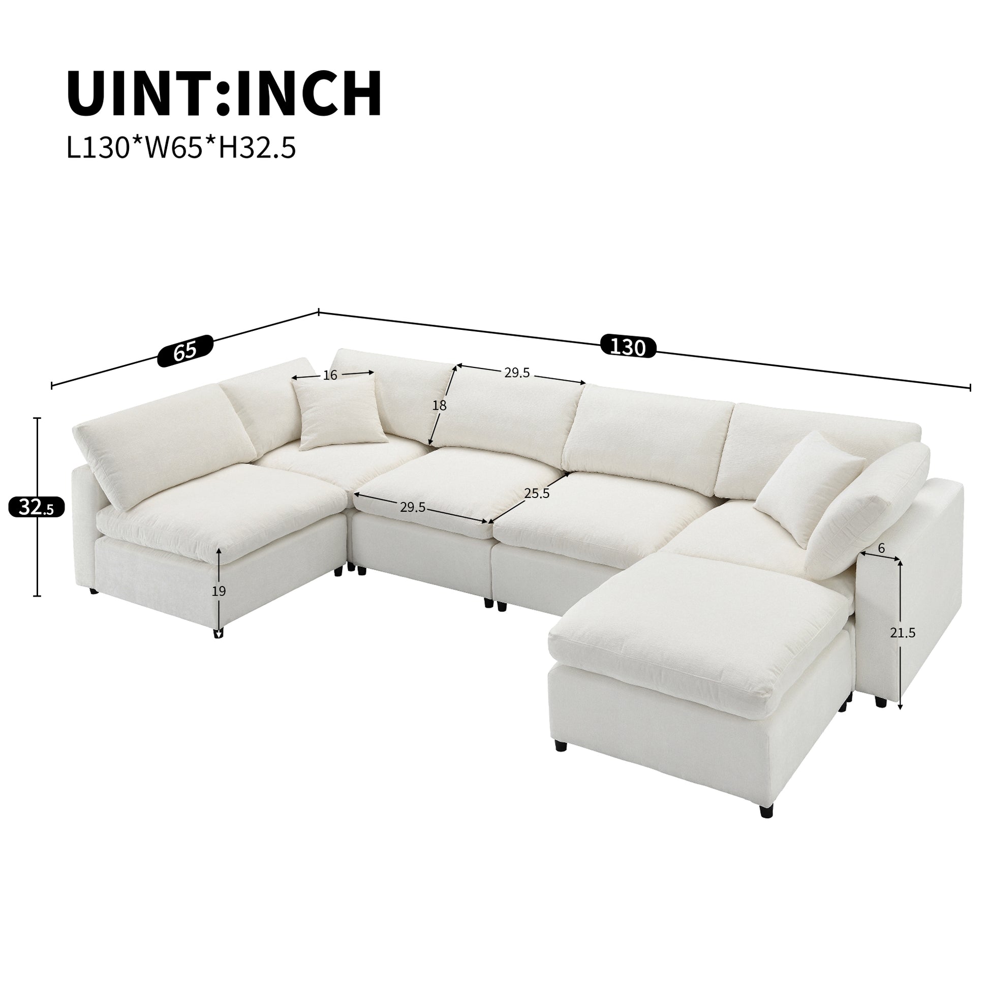 130*65" Modern Modular Cloud Sofa Bed, 6 Seat Chenille Sectional Couch Set With Ottoman,Free Combination,Convertible U Shaped Sleeper Sofa For Living Room, Apartment, 3 Colors Beige Chenille 6 Seat