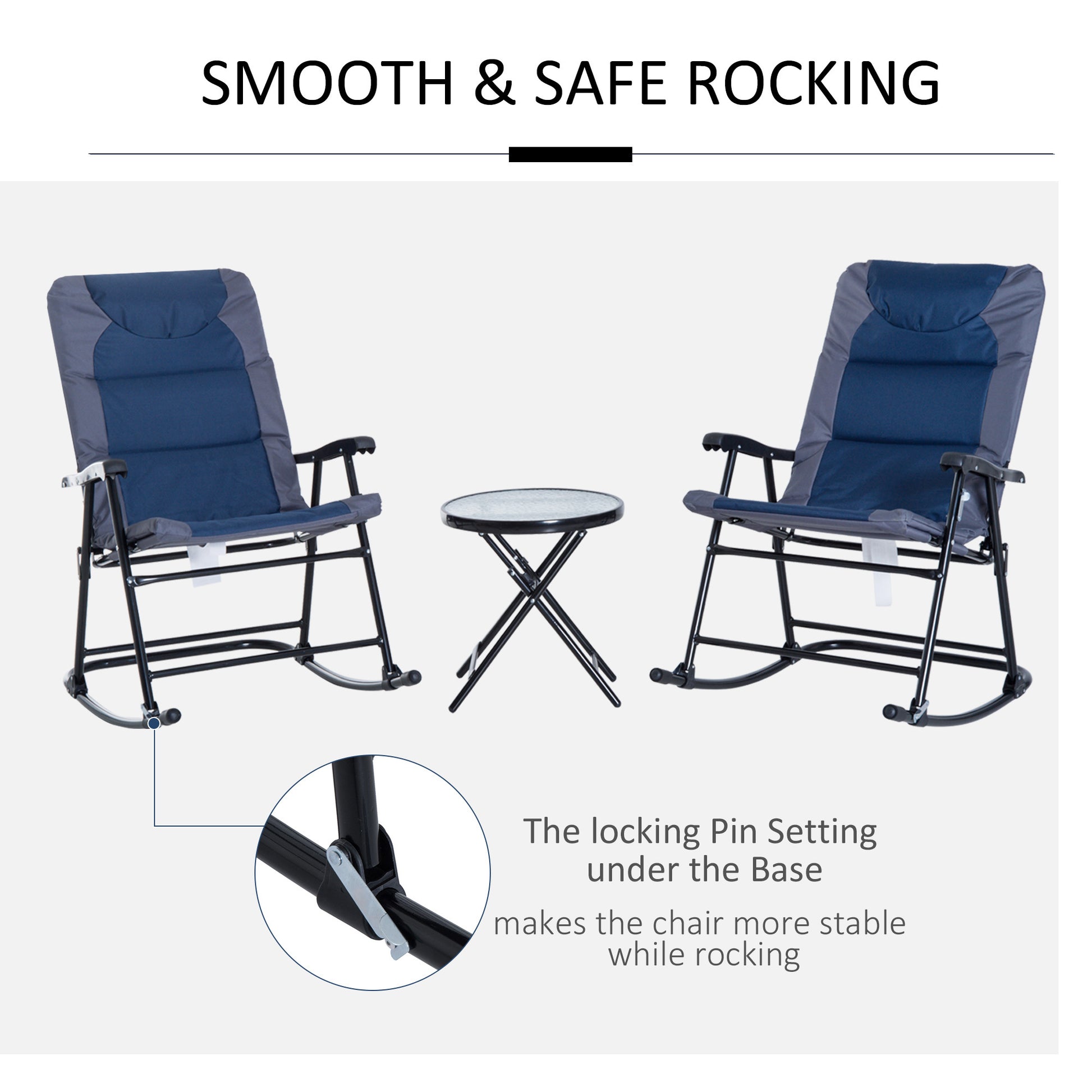 Outsunny 3 Piece Outdoor Patio Furniture Set With Glass Coffee Table & 2 Folding Padded Rocking Chairs, Bistro Style For Porch, Camping, Balcony, Navy Blue Blue Oxford Fabric