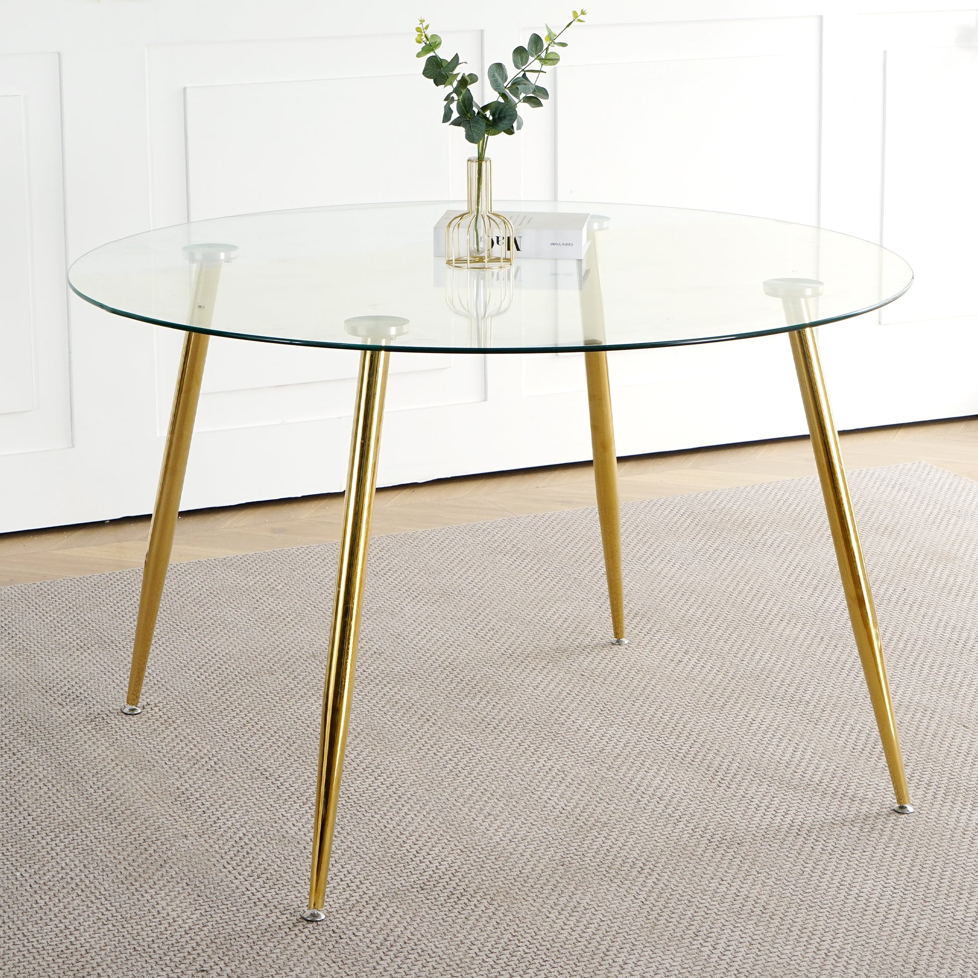 Modern Simple Glass Table, High Quality Tempered Glass Metal Material, Gold Plated Table Legs, Suitable For Restaurant Kitchen Set Of 1 Gold Round Glass