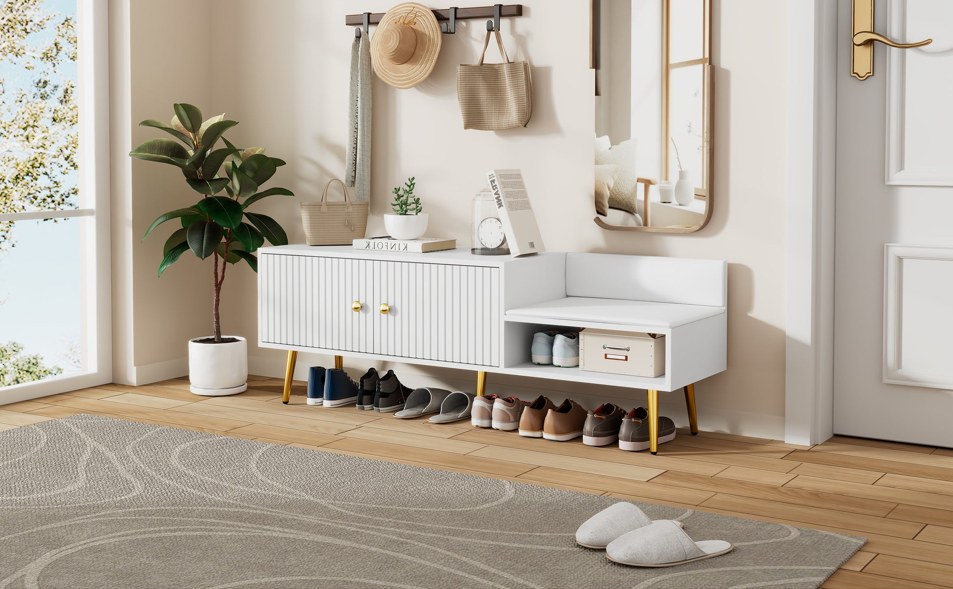 Modern Shoe Storage Bench With Hidden Storage And Upholstered Cushions For Bedside, Living Room And Entryway White White Mdf Metal