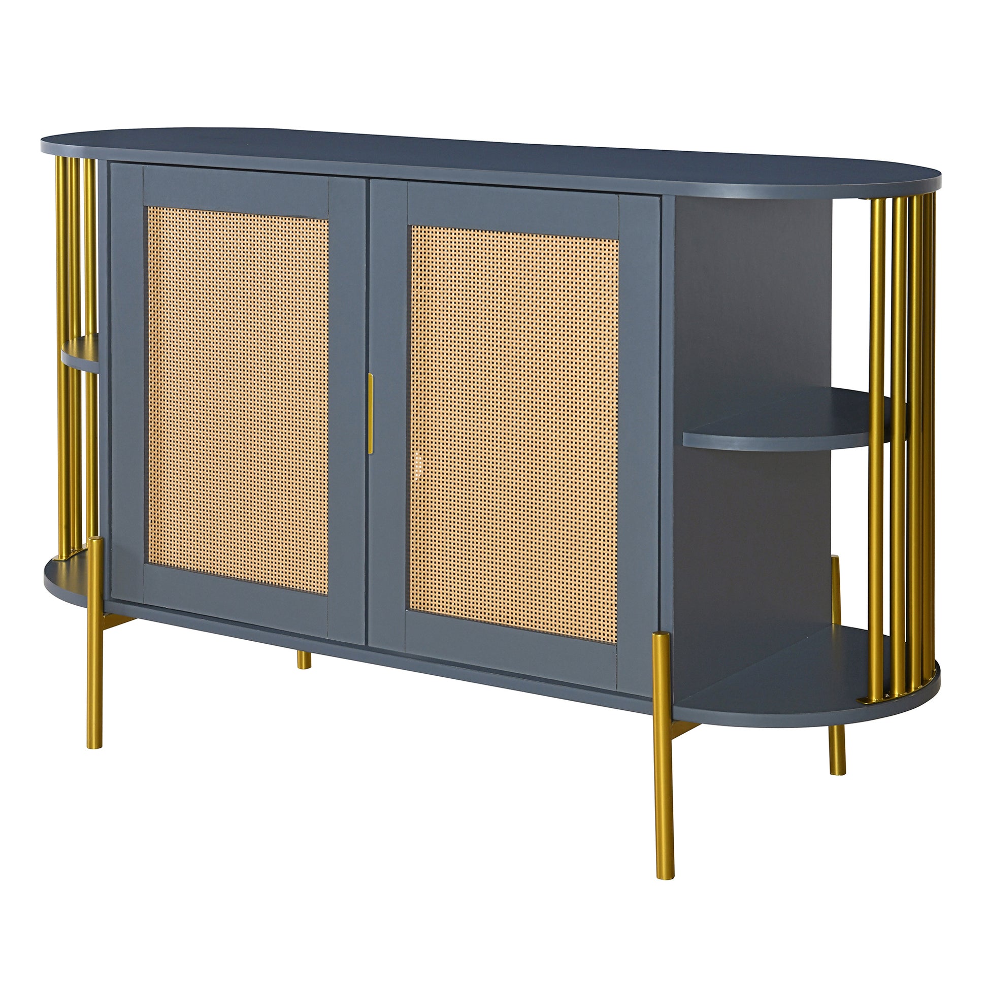 2 Door Elegant Curved Dining Cabinet With Gold Trim And Woven Rattan Doors For Dining Room Dark Gray Dark Gray Particle Board