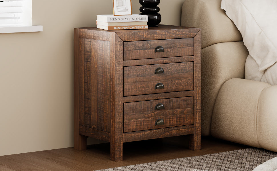 Rustic Farmhouse Style Three Drawer Solid Pine Wood Nightstand With Cup Pulls And Integrated Charge Station Brown 3 Drawers Bedroom Pine Pine,Plywood