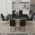 Table And Chair Set.The Table Has A Glass Tabletop With Imitation Marble Pattern Stickers And Stainless Steel Golden Table Legs. Paried With Comfortable Chairs With Pu Seats And Metal Legs. Gold Black Seats 6 Glass Metal