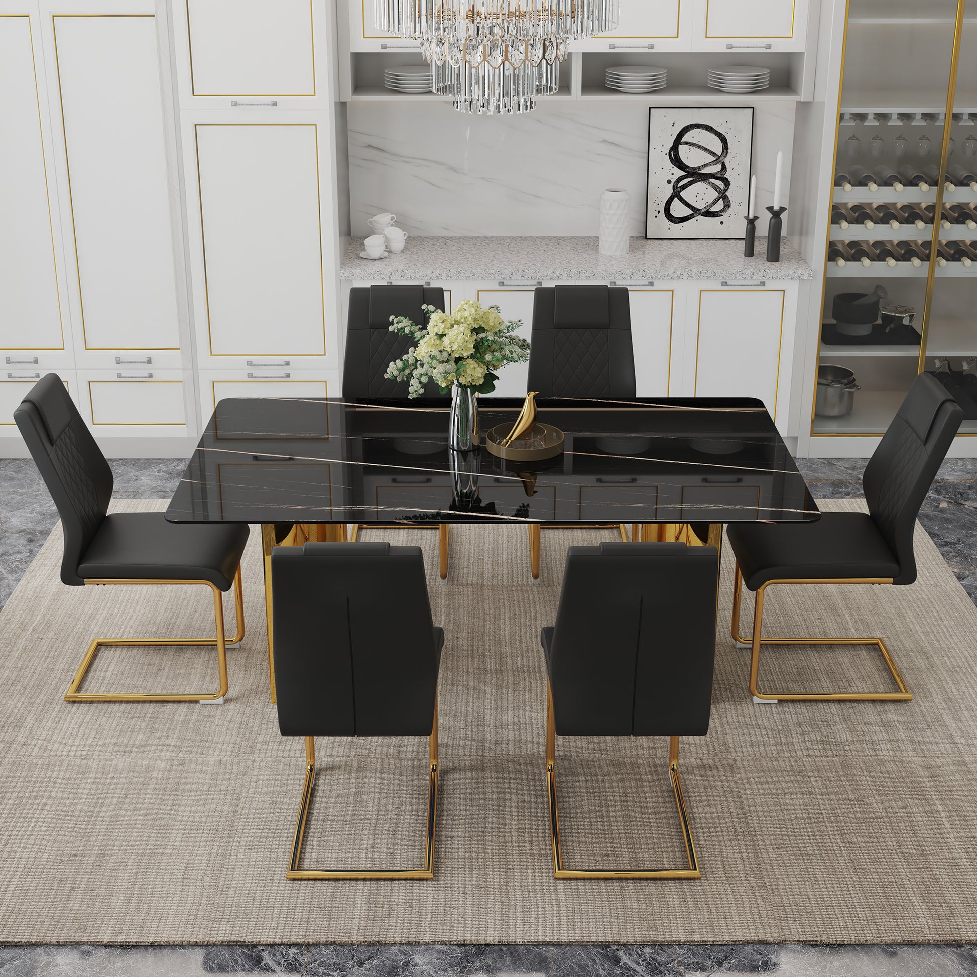 Table And Chair Set.The Table Has A Glass Tabletop With Imitation Marble Pattern Stickers And Stainless Steel Golden Table Legs. Paried With Comfortable Chairs With Pu Seats And Metal Legs. Gold Black Seats 6 Glass Metal