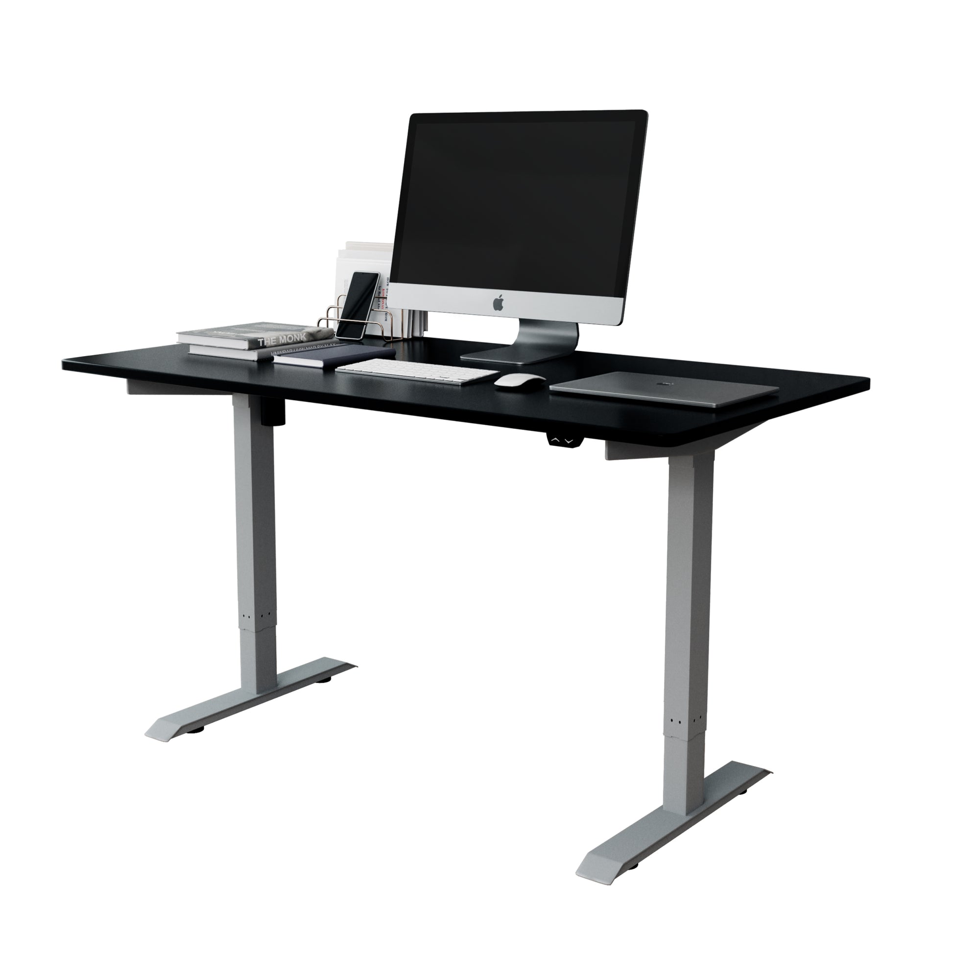 Techni Mobili Adjustable Sit To Stand Desk, Black Black Height Adjustable & Standing Desks Office Modern Automatic Floor Mount Rectangular Particle Board T Shape