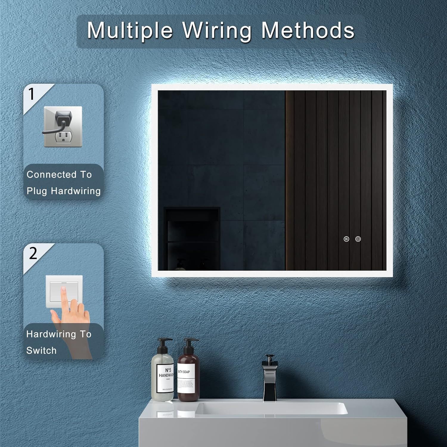 30" W X 24" H Modern Wall Mounted Led Backlit Anti Fog Rectangular Bathroom Mirror With Us Standard Plug, Temperature Adjustable And Memory Function Touch Switch White Glass