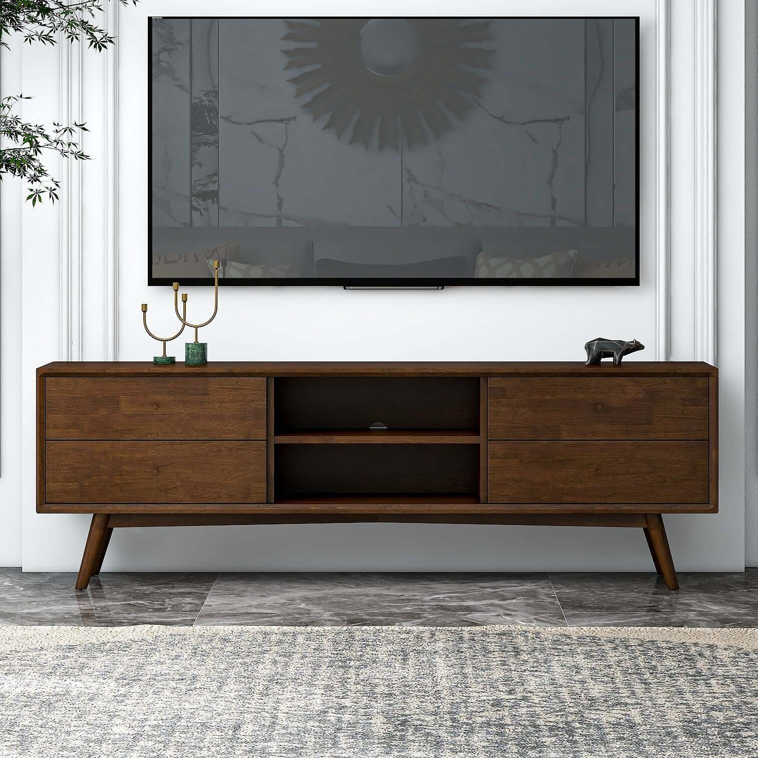 Caroline Mid Century Modern Style Walnut Tv Stand Up To 72" Brown,Dark Brown Brown Primary Living Space 70 79 Inches 70 79 Inches Mid Century Modern 70 Inches Solid Wood