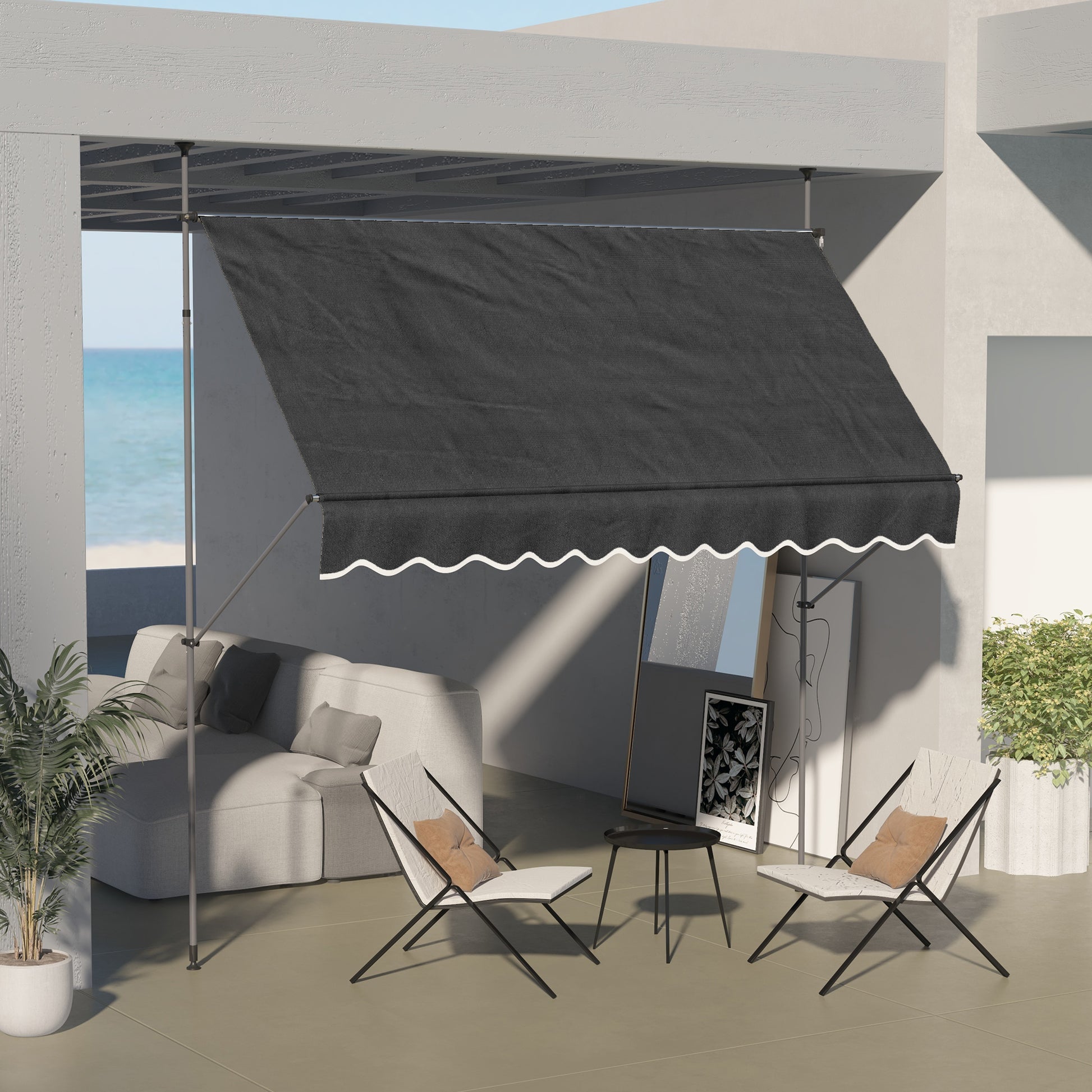 Outsunny Manual Retractable Awning, 118" Non Screw Freestanding Patio Sun Shade Shelter With Support Pole Stand And Uv Resistant Fabric, For Window, Door, Porch, Deck, Black Black Aluminum