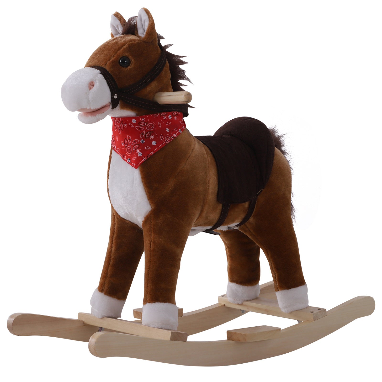 Qaba Kids Ride On Rocking Horse Plush Toy With Realistic Sounds And Red Scarf For Over 3 Years Old Birth Gift Brown Plush