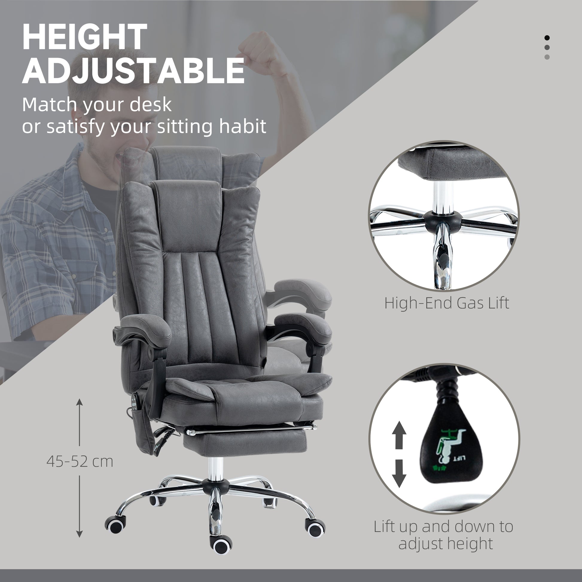 Vinsetto Microfiber Office Chair, High Back Computer Chair With 6 Point Massage, Heat, Adjustable Height And Retractable Footrest, Dark Blue Rock Grey Polyester